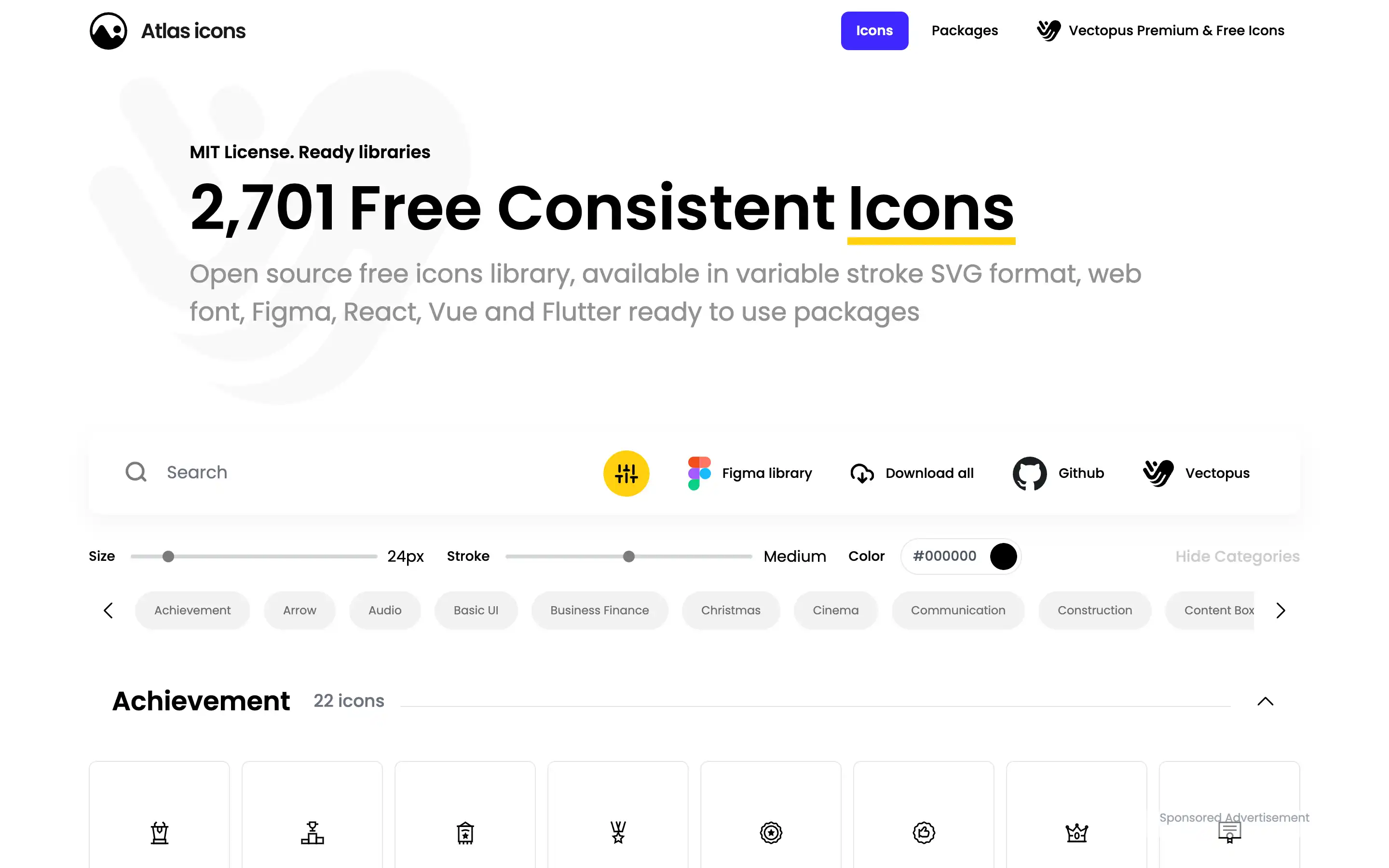 Atlas Icons offers 2,701 free consistent icons.