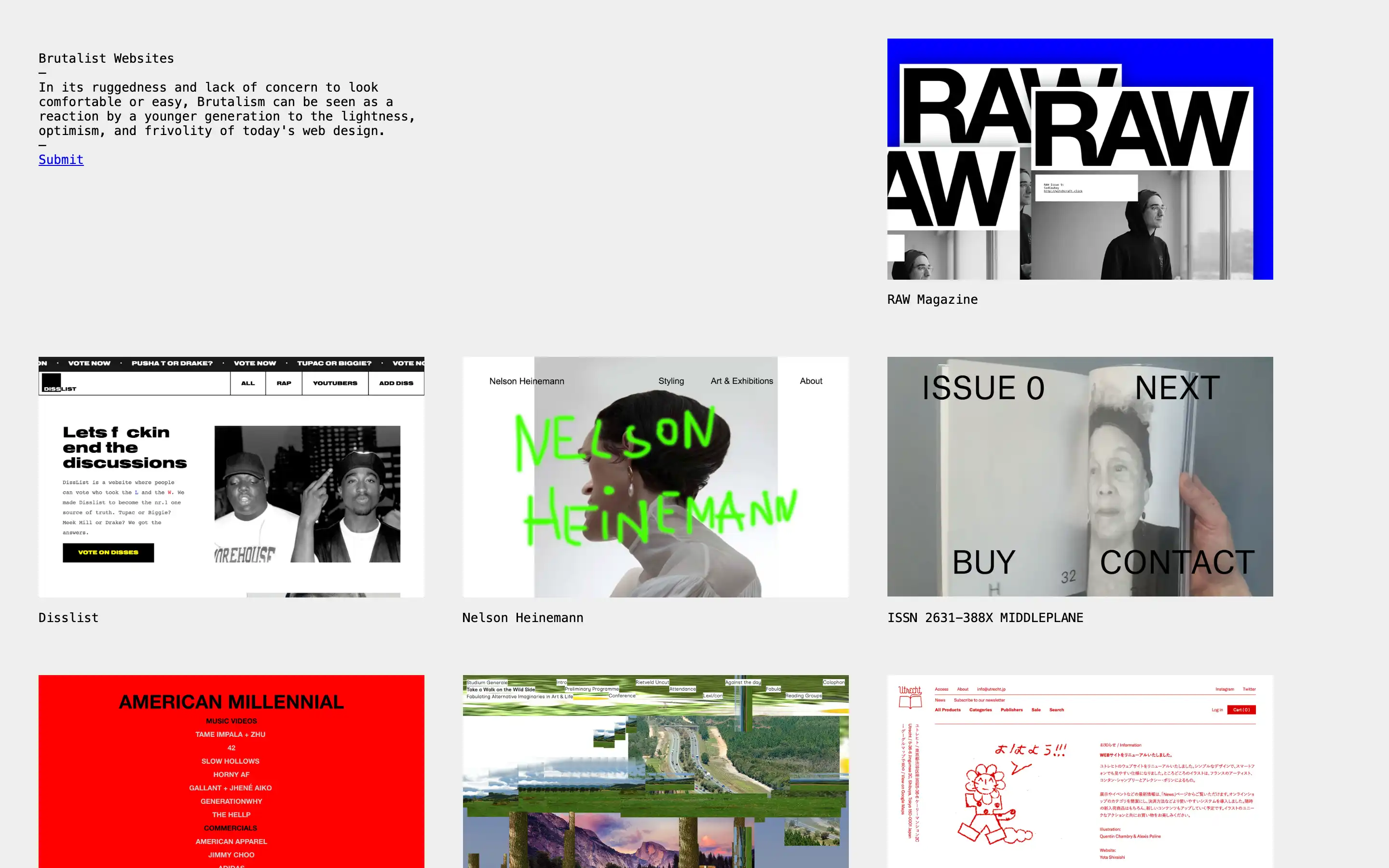 Collection of unique, bold brutalist website designs.