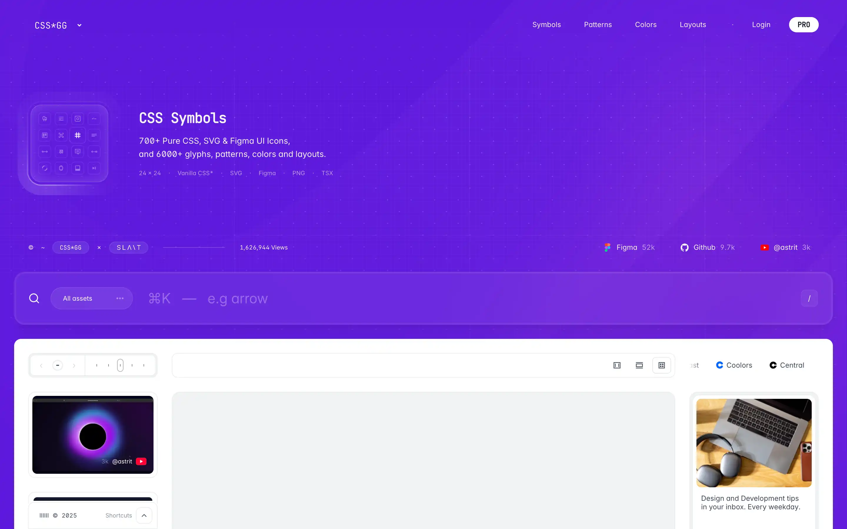 CSS symbols website interface with icons display.