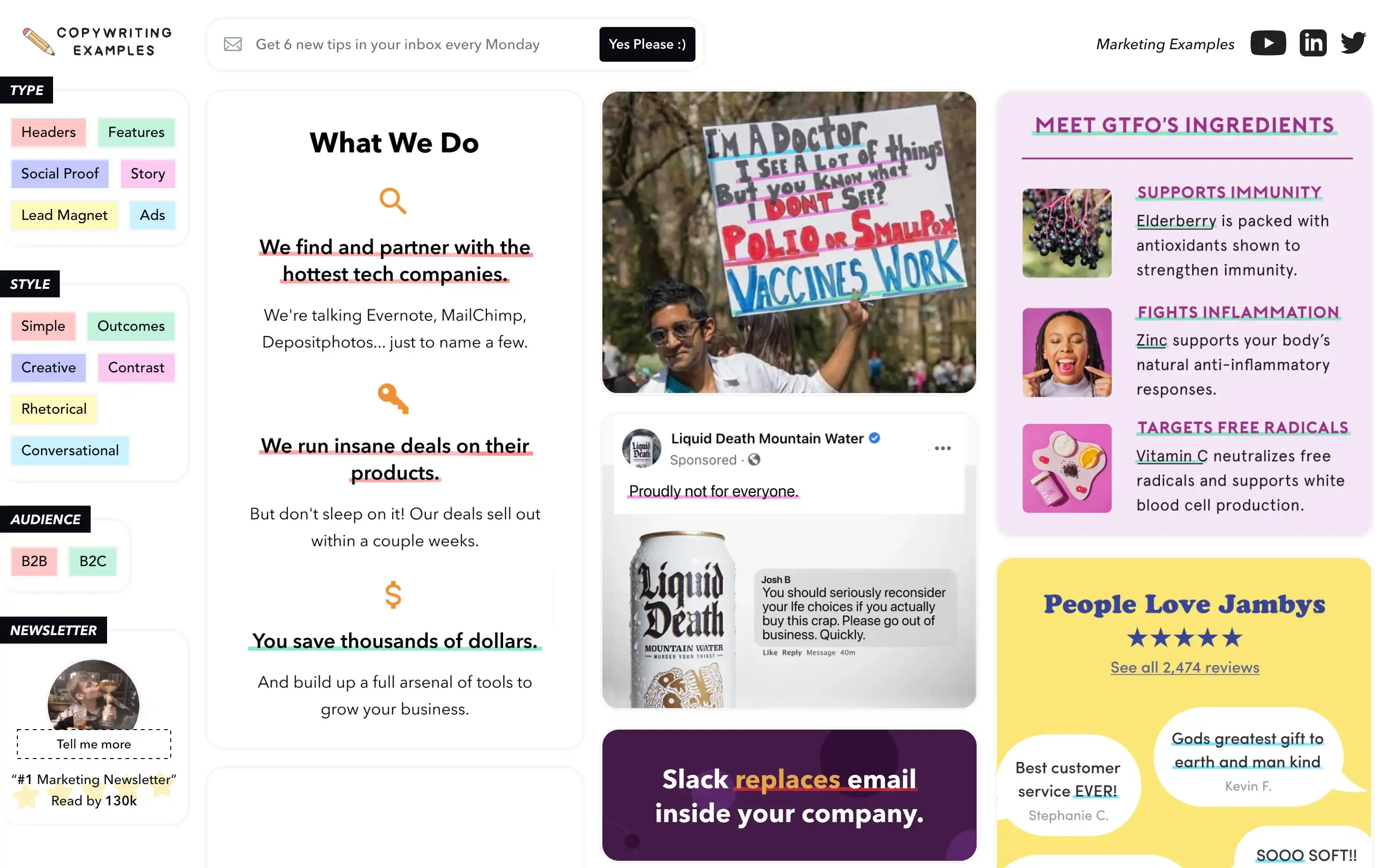 Copywriting examples page with various highlights and tips.