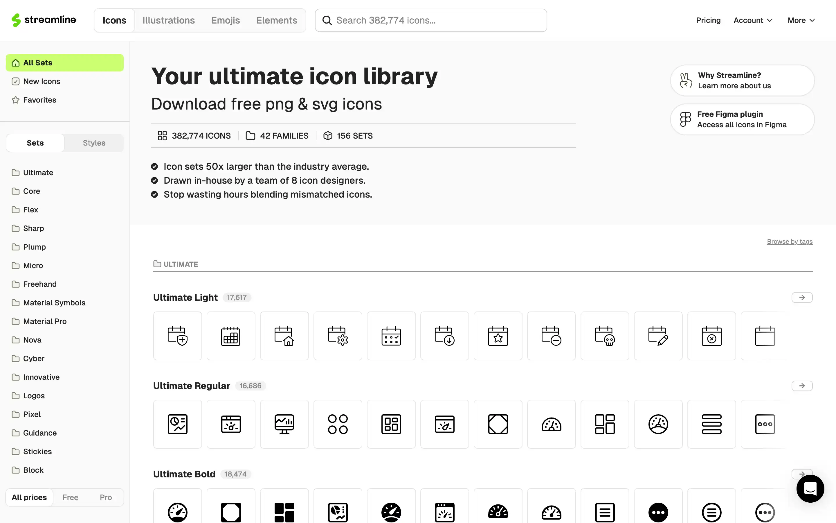 Streamline icon library homepage with icon sets preview.