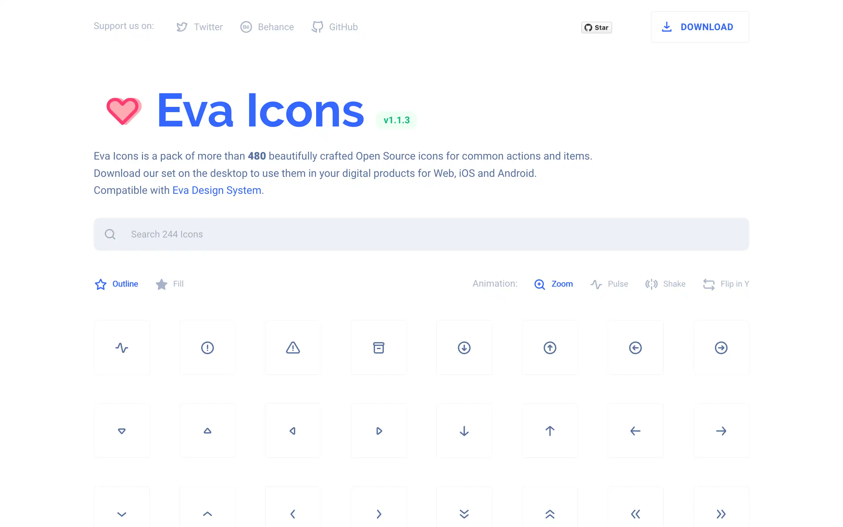 Eva Icons webpage showcasing open-source icon set.