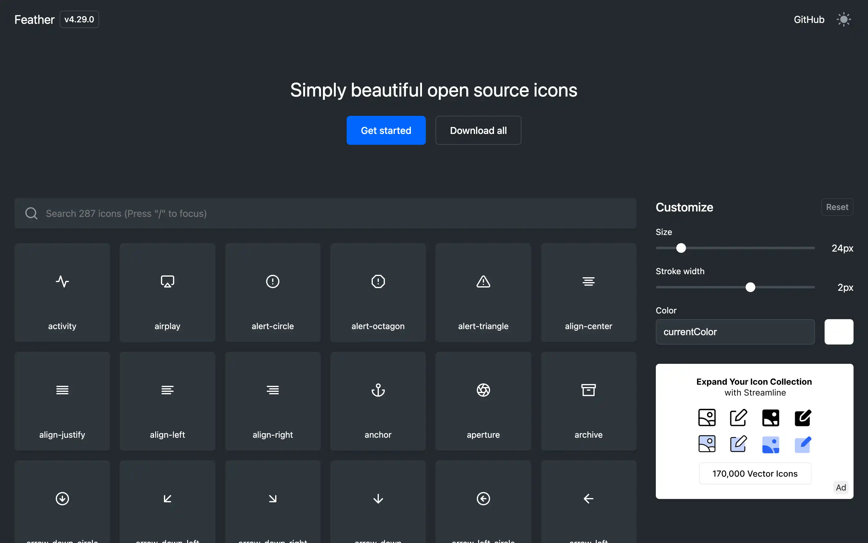 Feather icons website with customizable open-source icons.