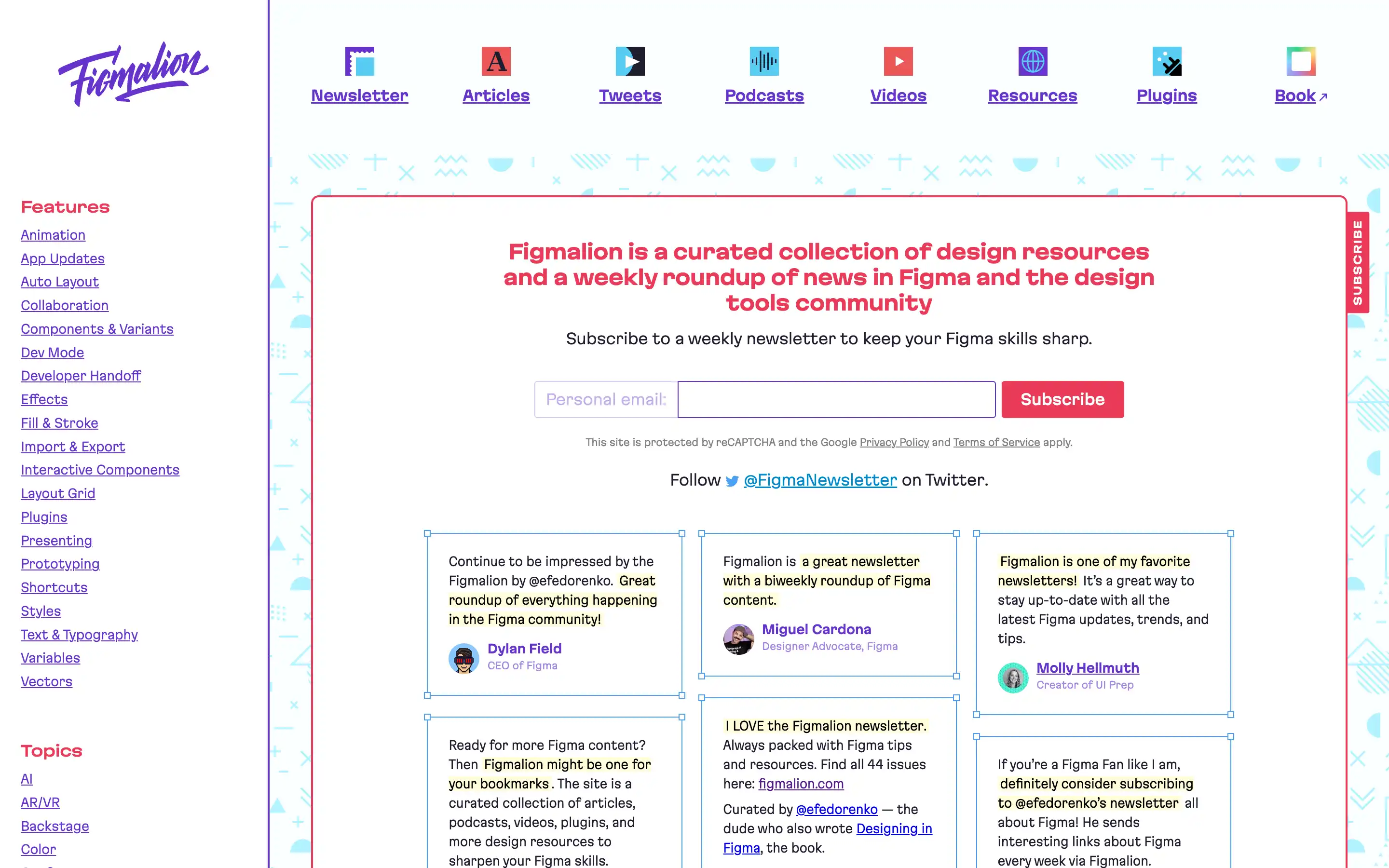 Figma newsletter signup page for design resources.