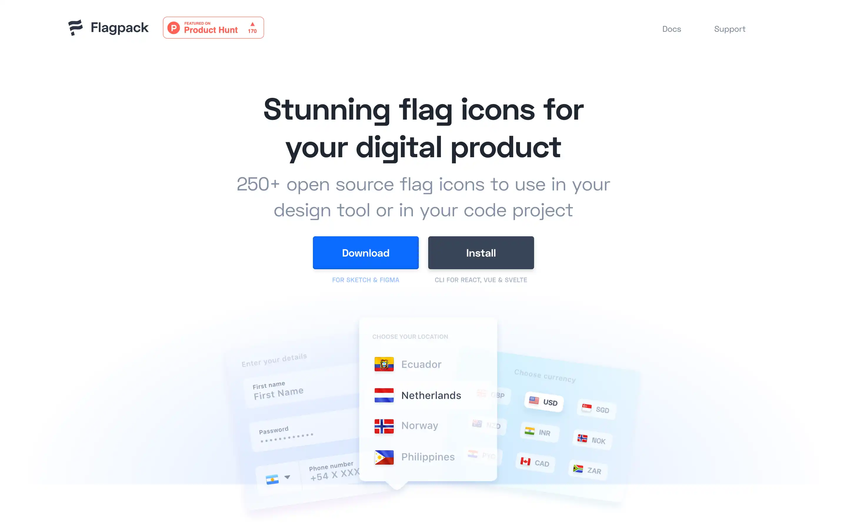 Flagpack homepage offering open source flag icons