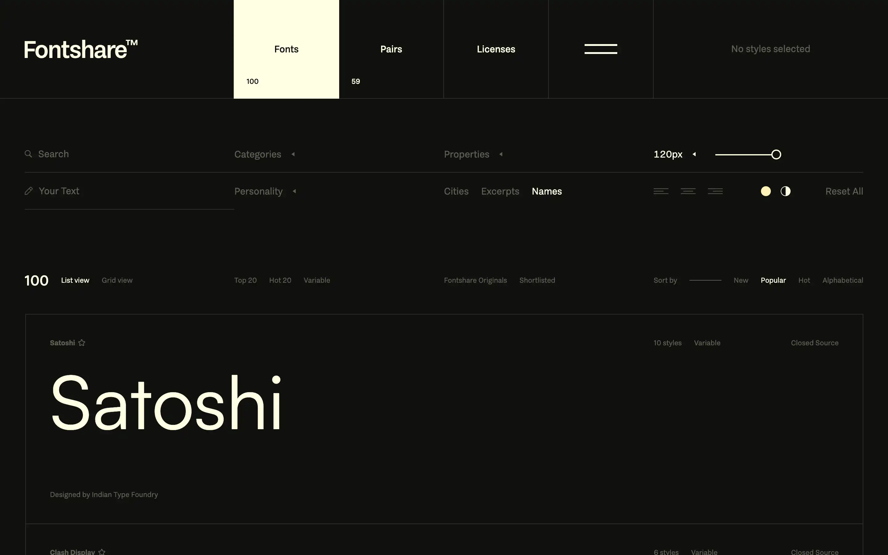 Fontshare website displaying Satoshi font selection