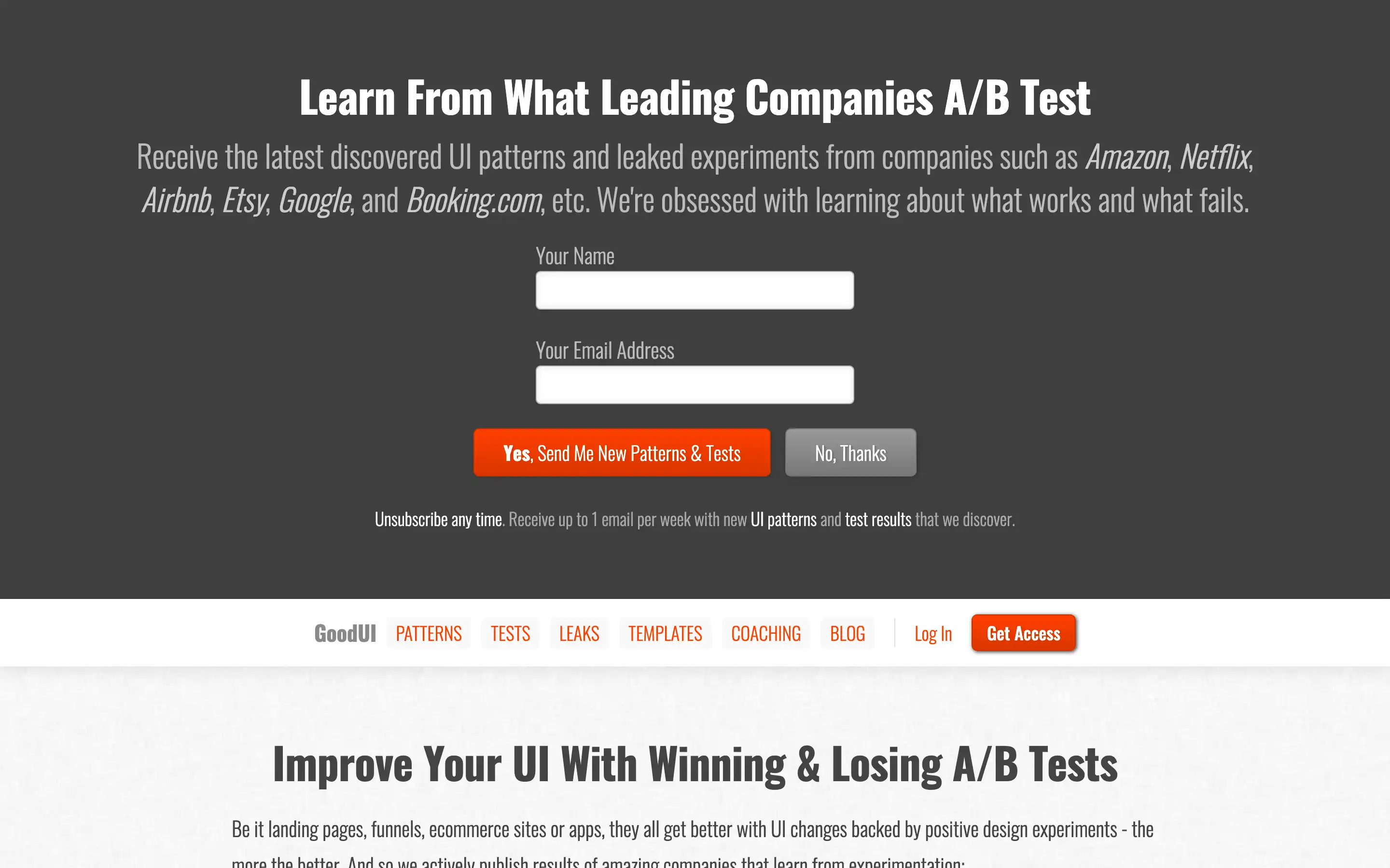 Subscribe to learn A/B test patterns from companies.