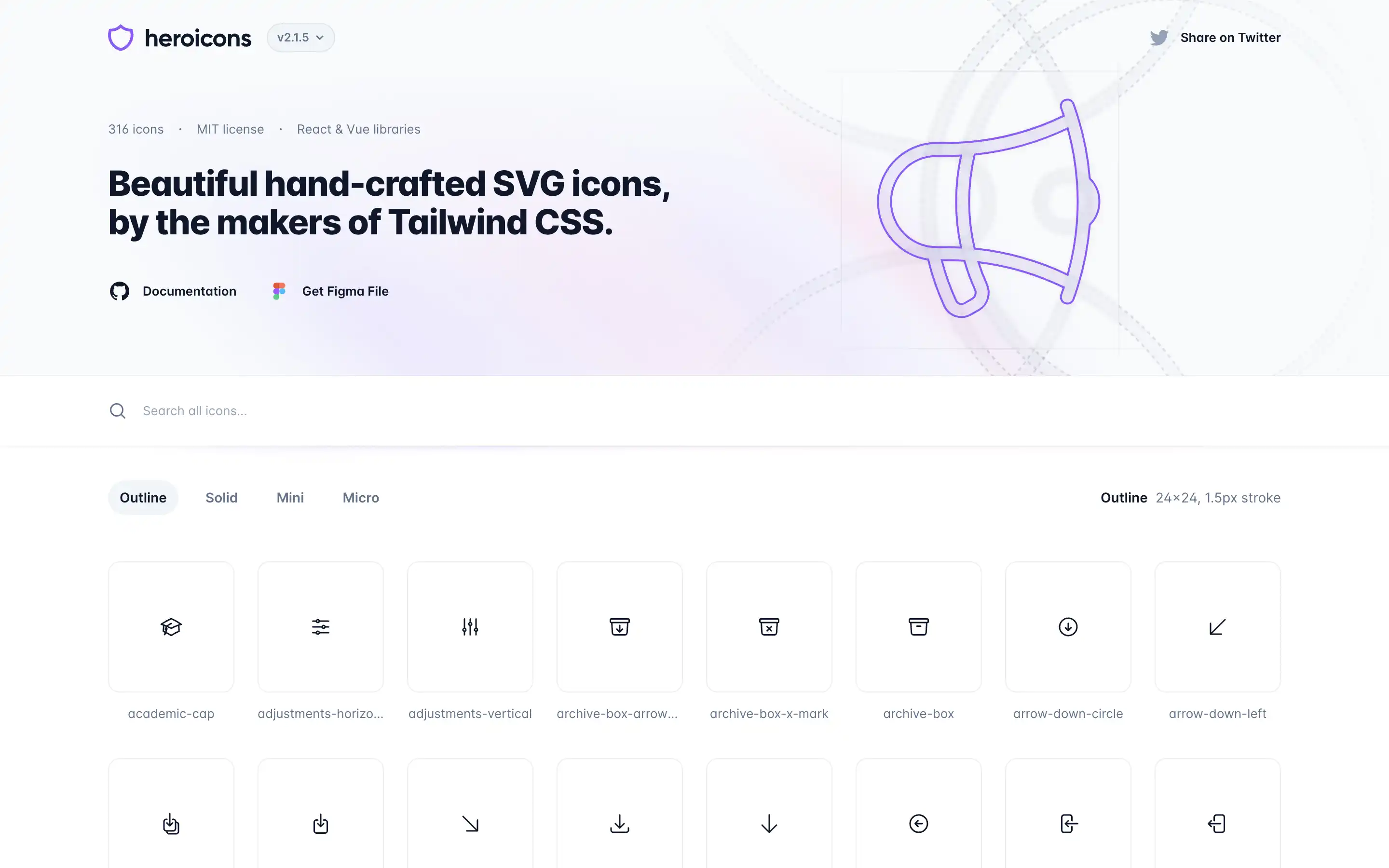 Heroicons homepage showcasing SVG icon collection.