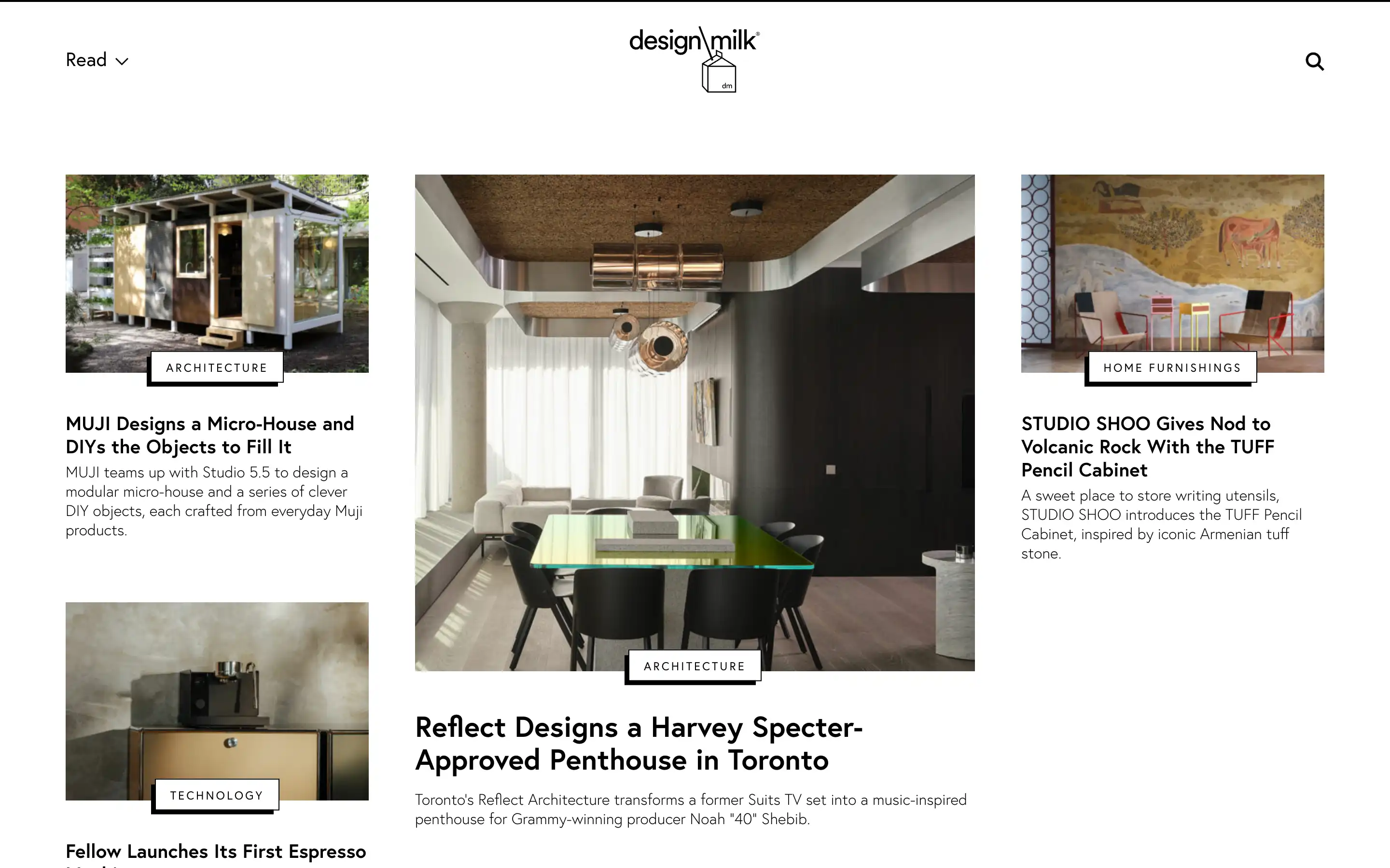 Design Milk homepage featuring architecture and home furnishings.