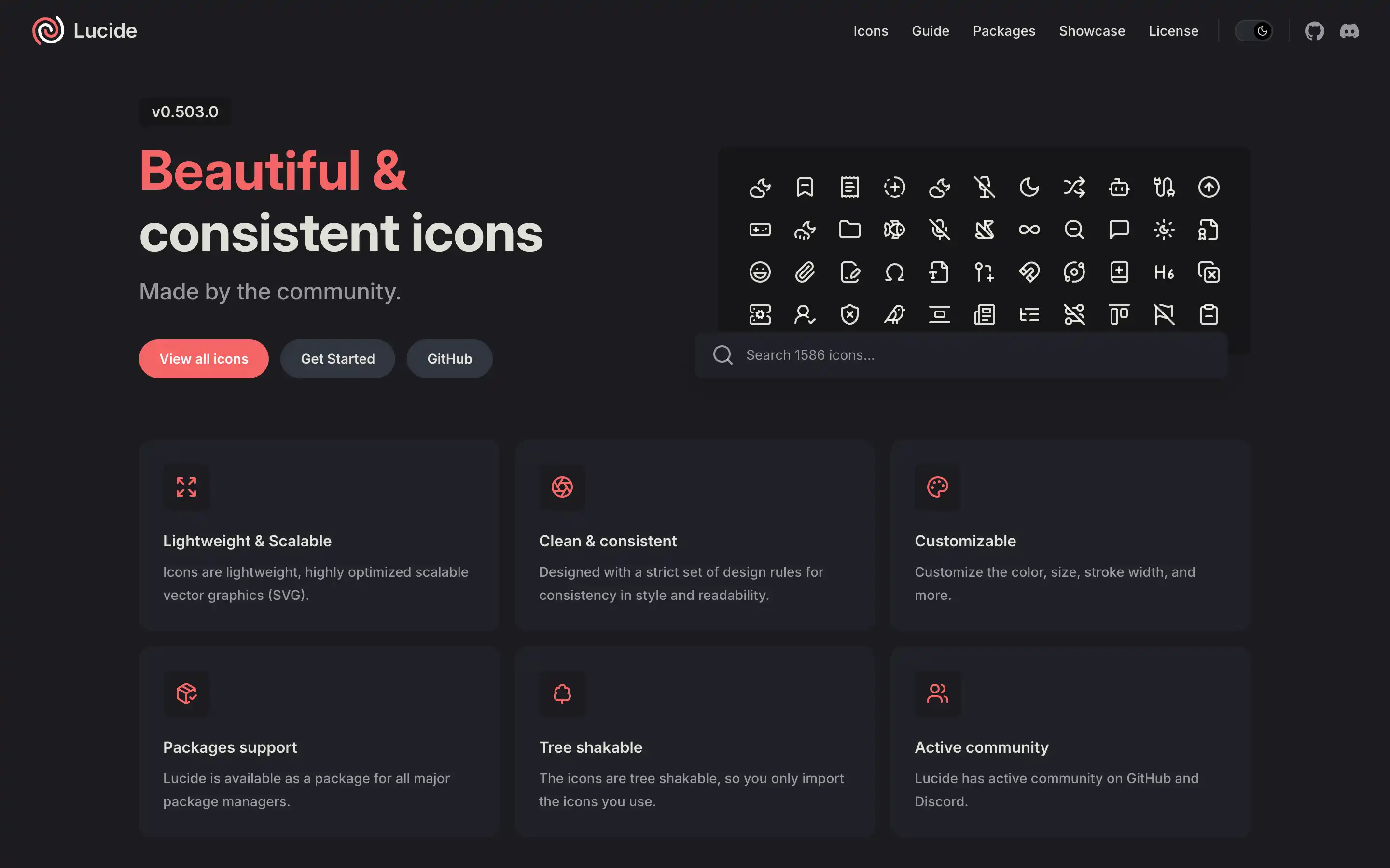 Lucide icons website homepage screenshot