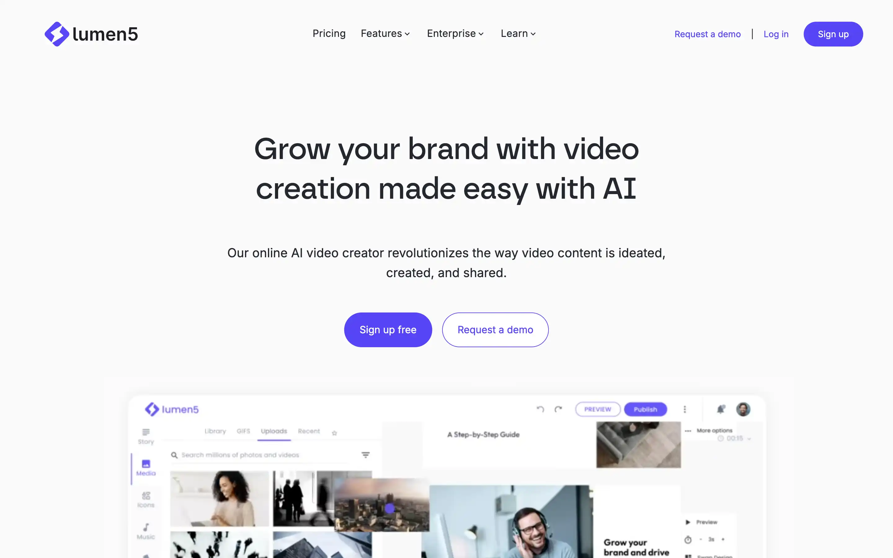 Lumen5 AI video creation platform homepage screenshot.