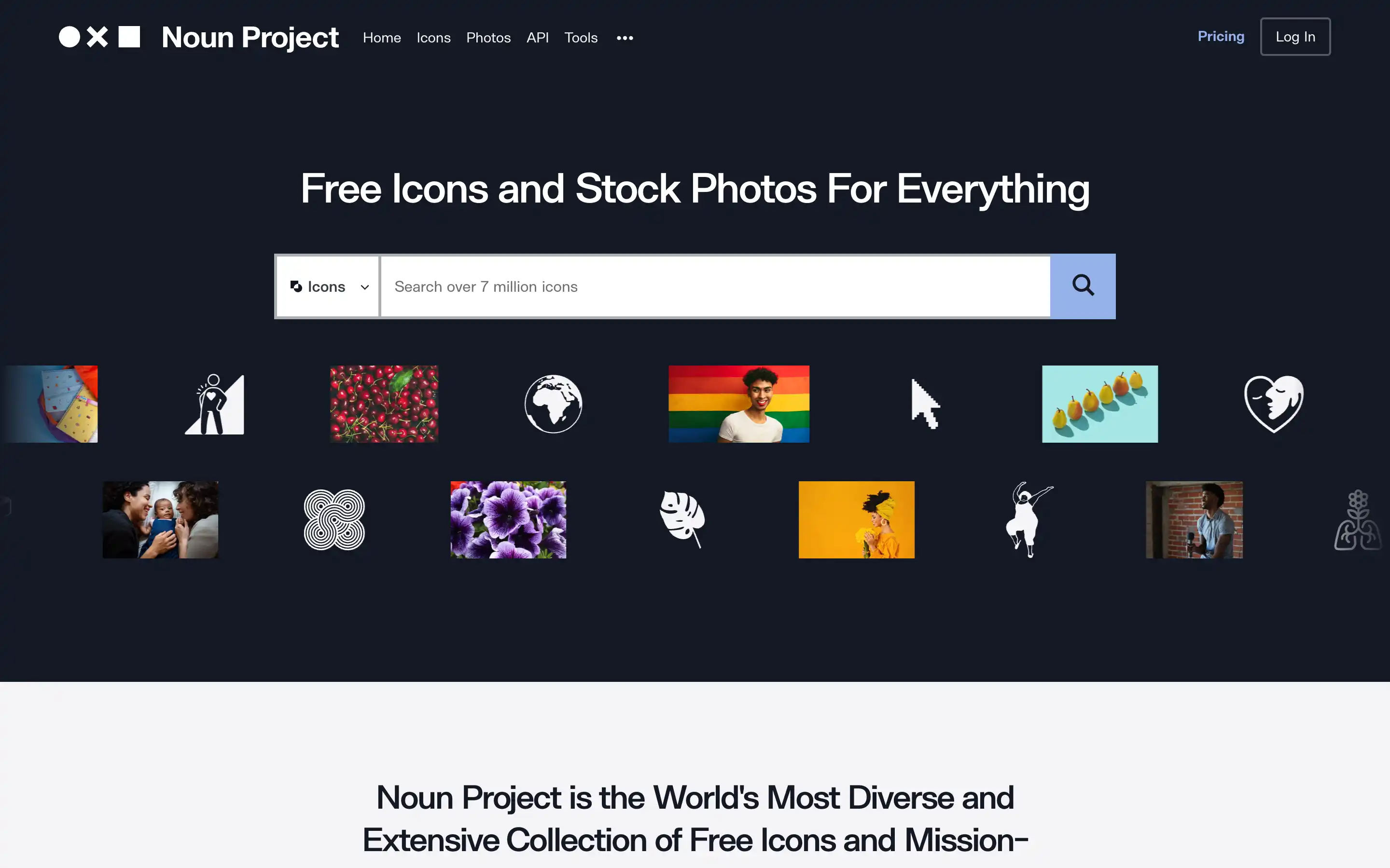 Noun Project homepage with free icons search feature.