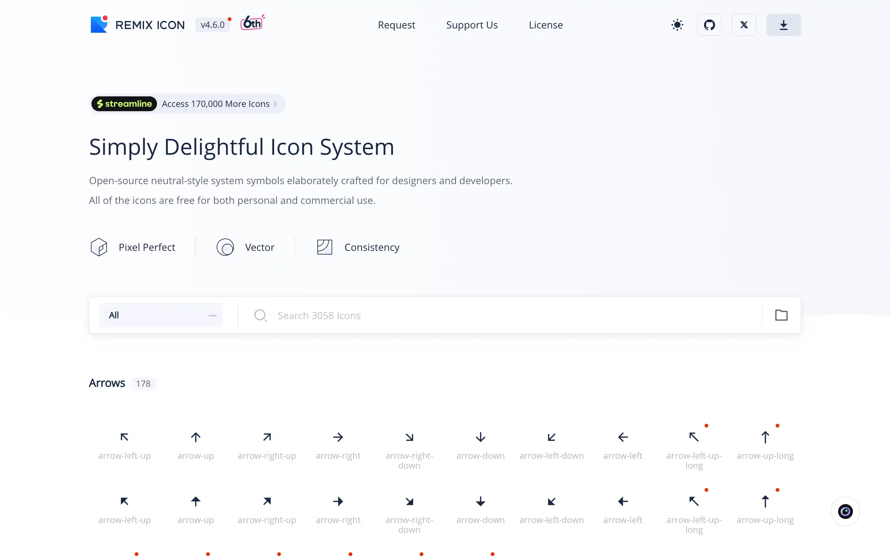 Remix Icon webpage with arrow icons display