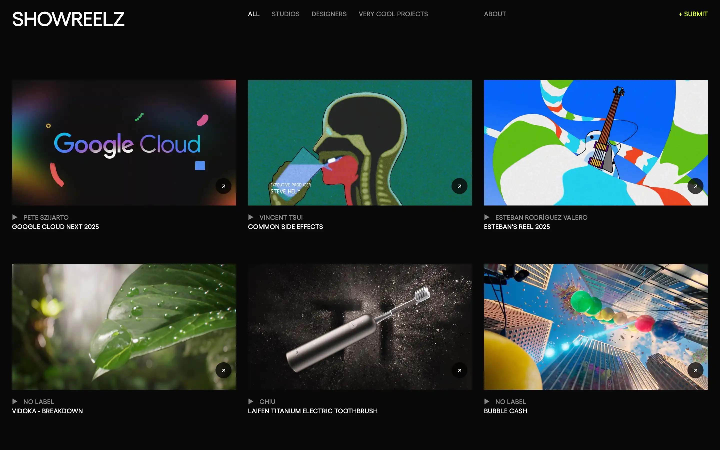 Showreel website with various creative video thumbnails.