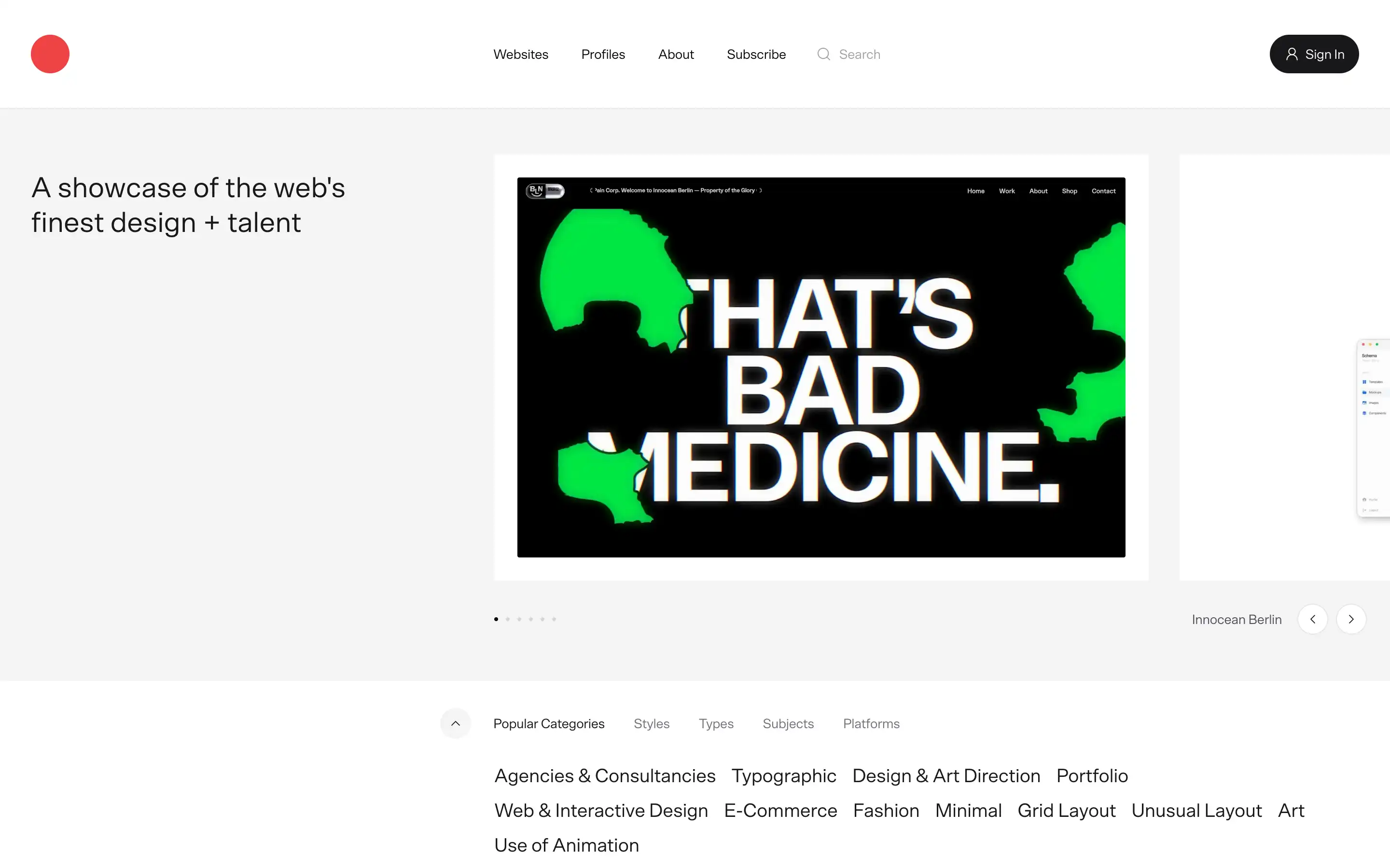 Web design showcase with bold typography.