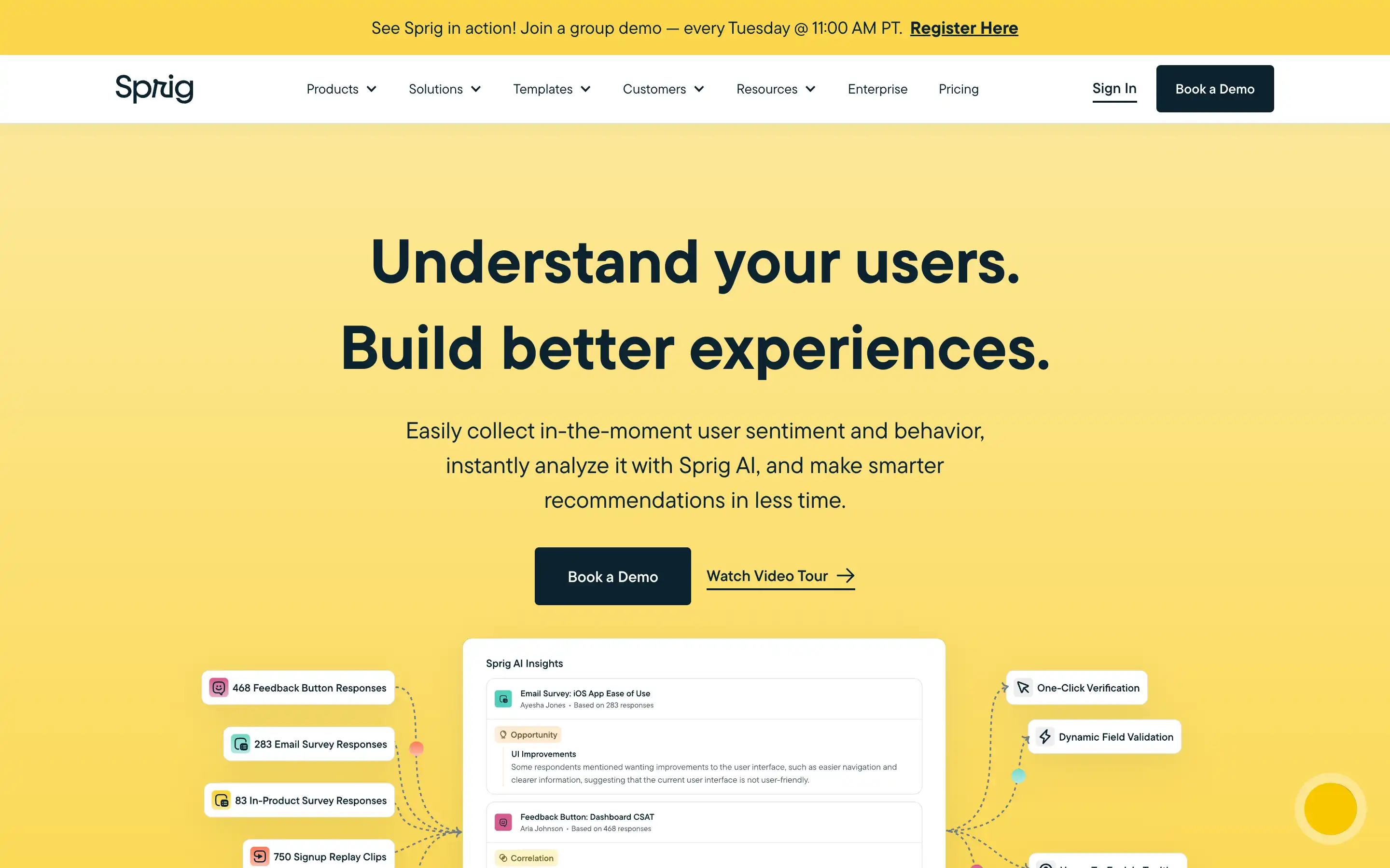 Sprig AI platform for user insights and recommendations.
