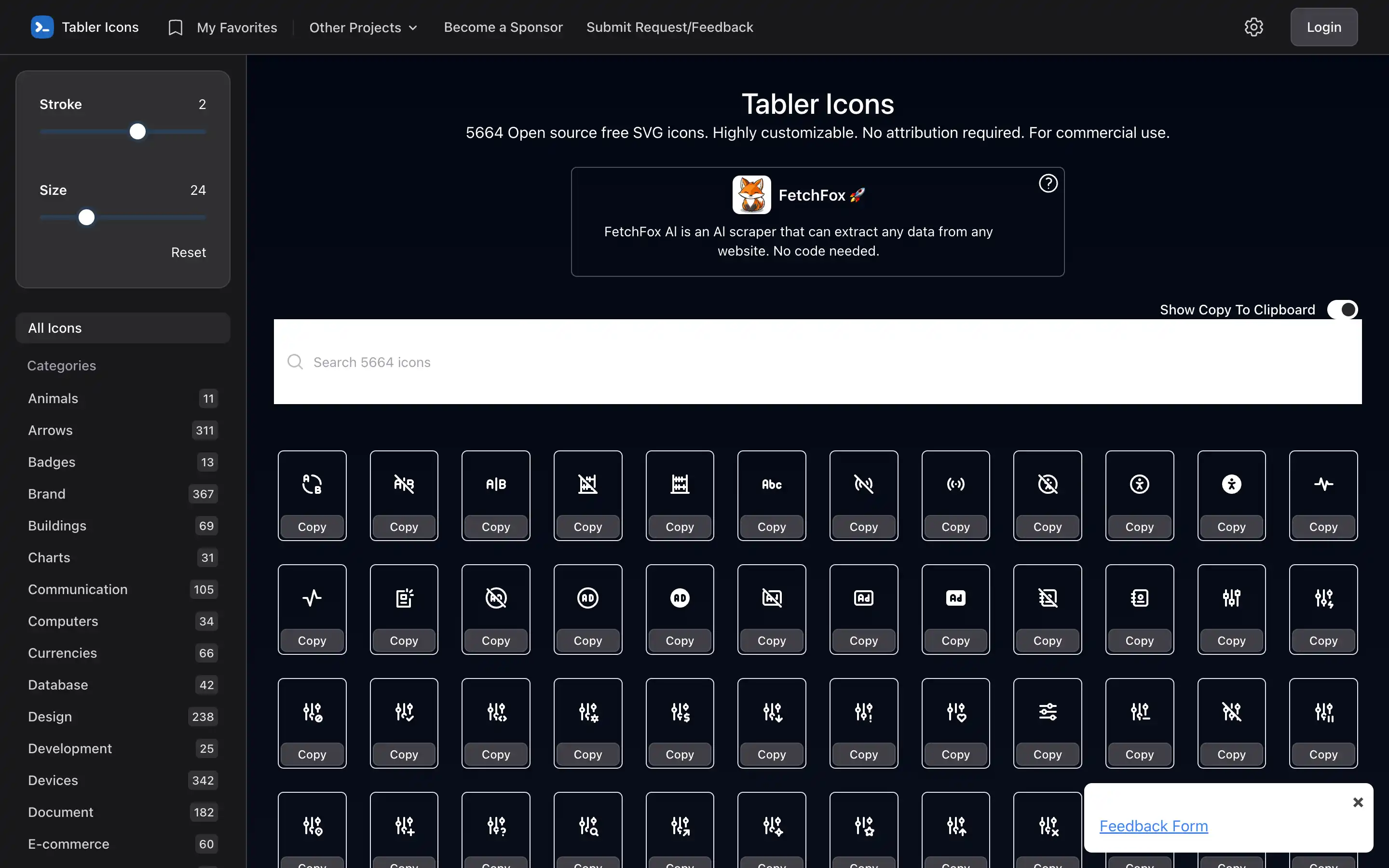 Tabler Icons homepage showcasing various free SVG icons.