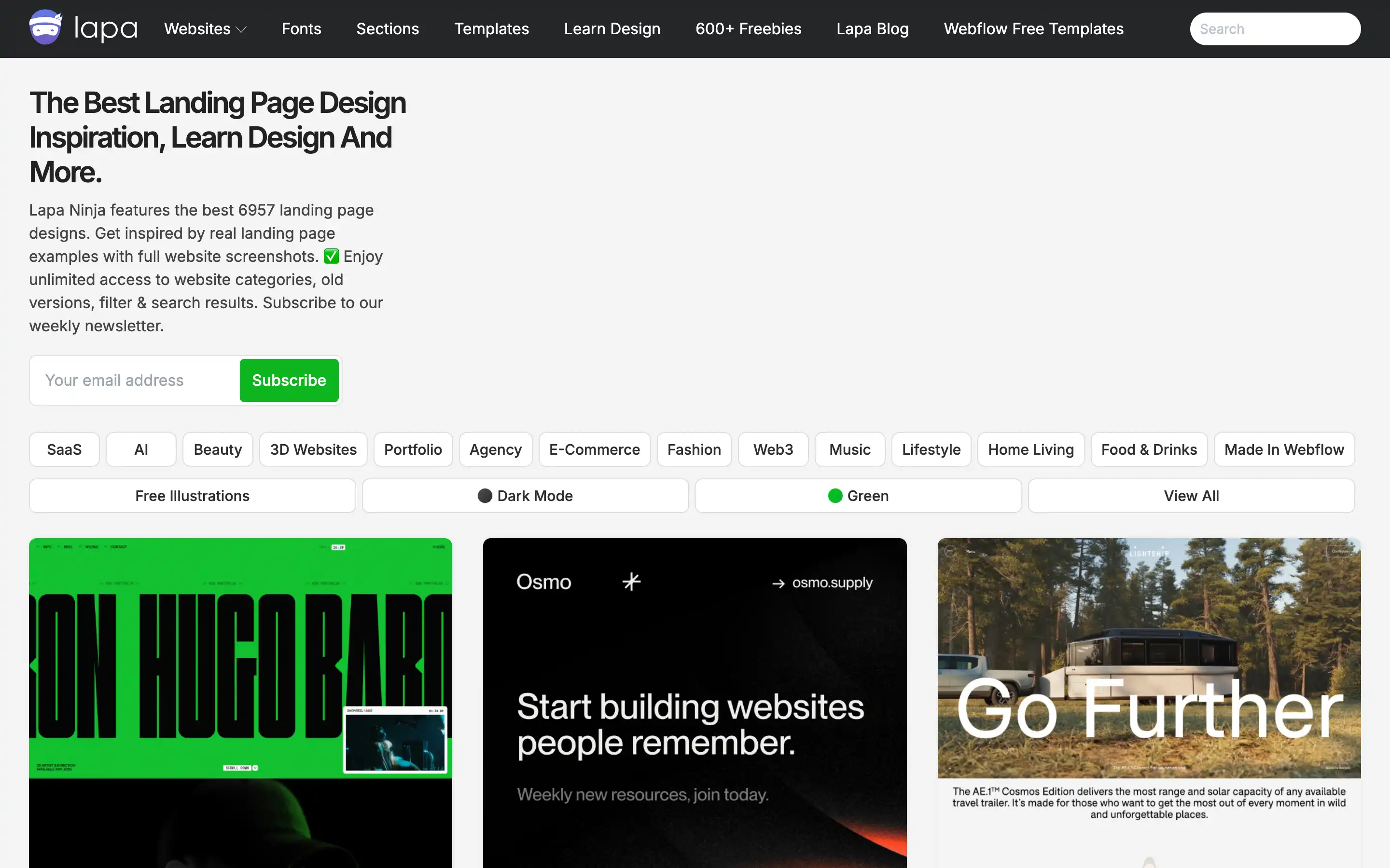 Lapa landing page design inspiration and categories overview.
