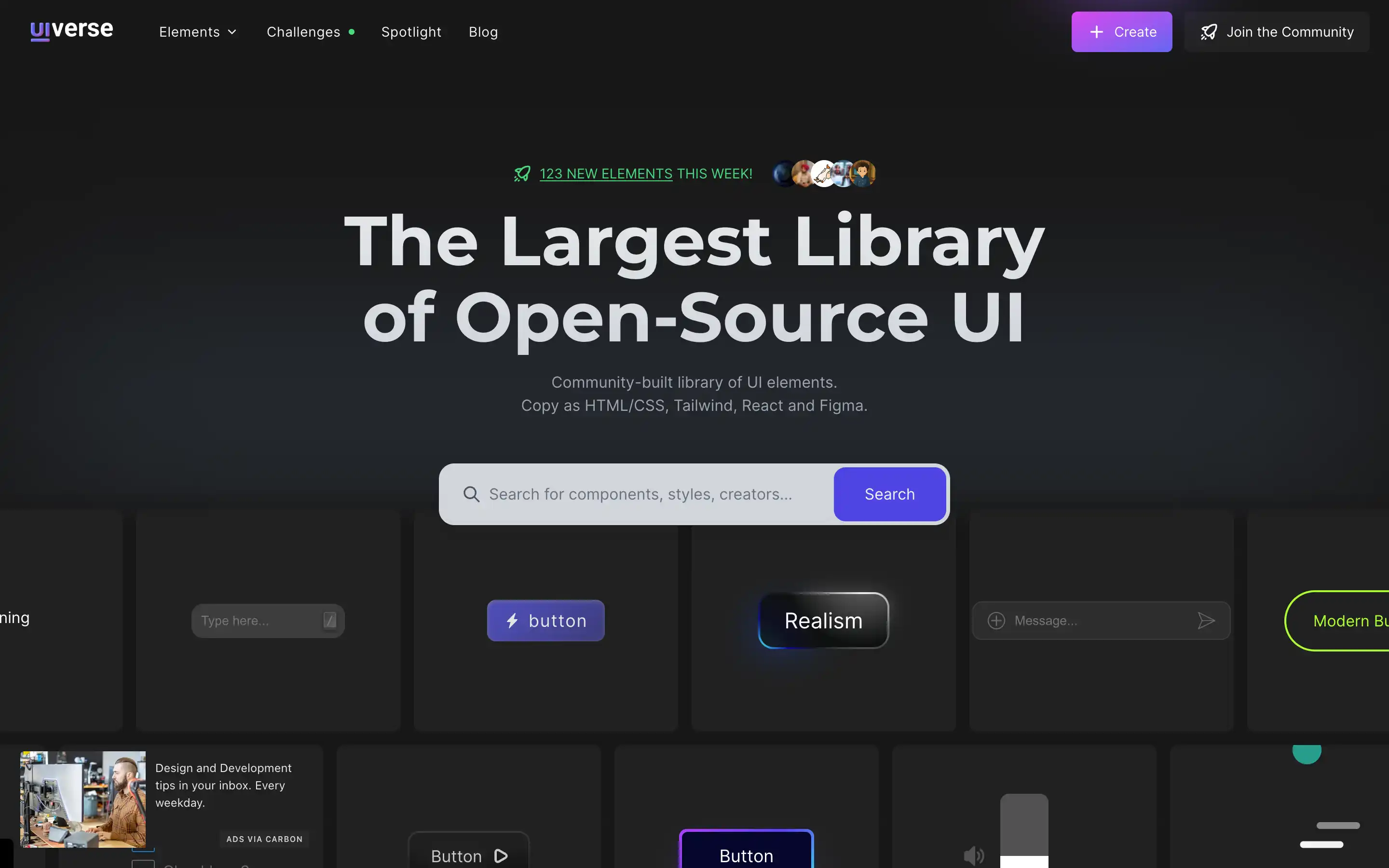 Largest open-source UI library homepage interface preview.