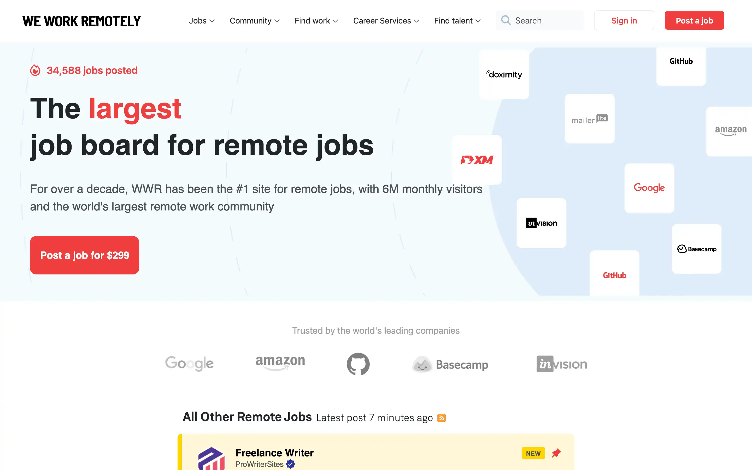 Largest remote job board, 34,588 jobs posted.