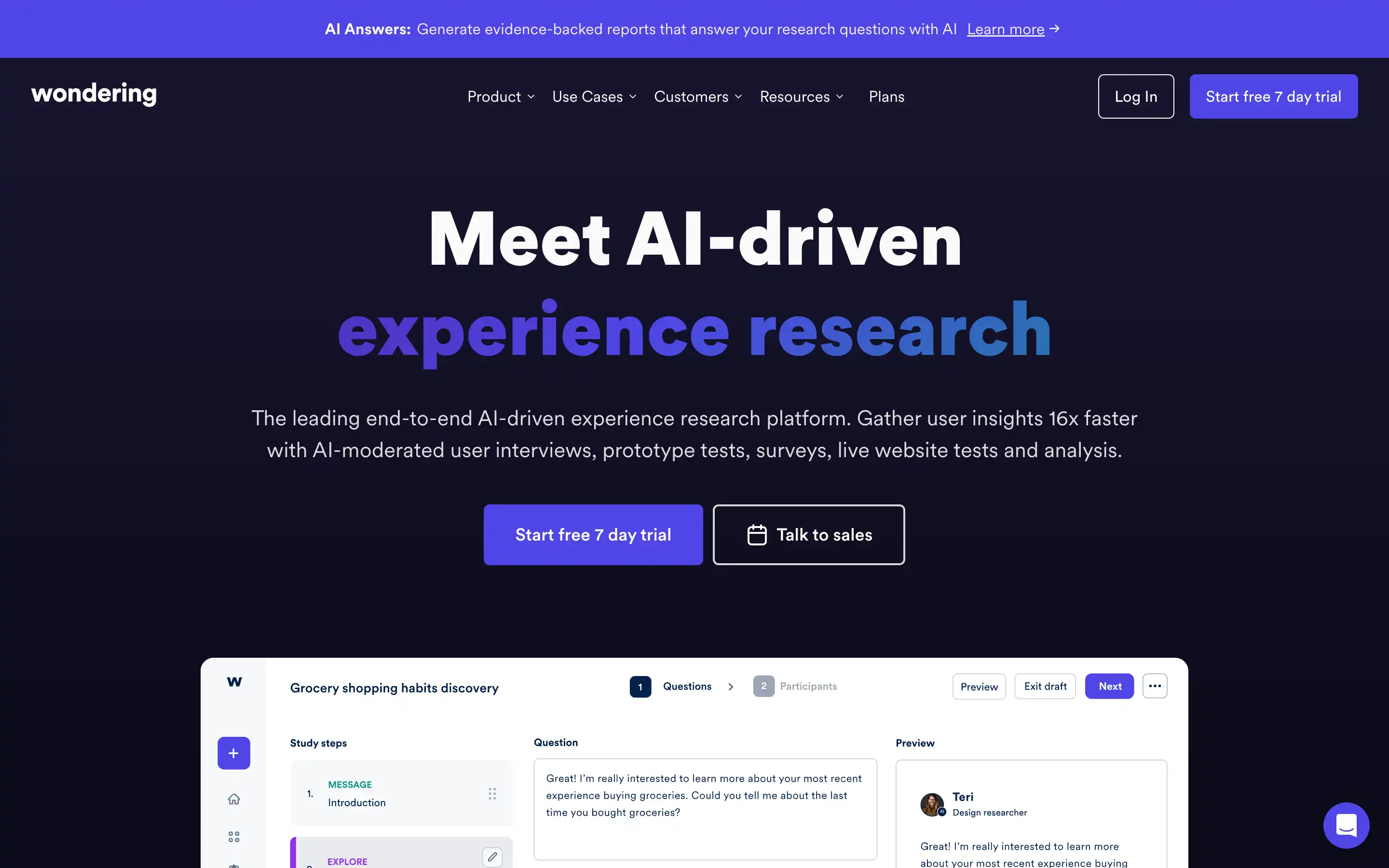 AI-driven experience research platform homepage