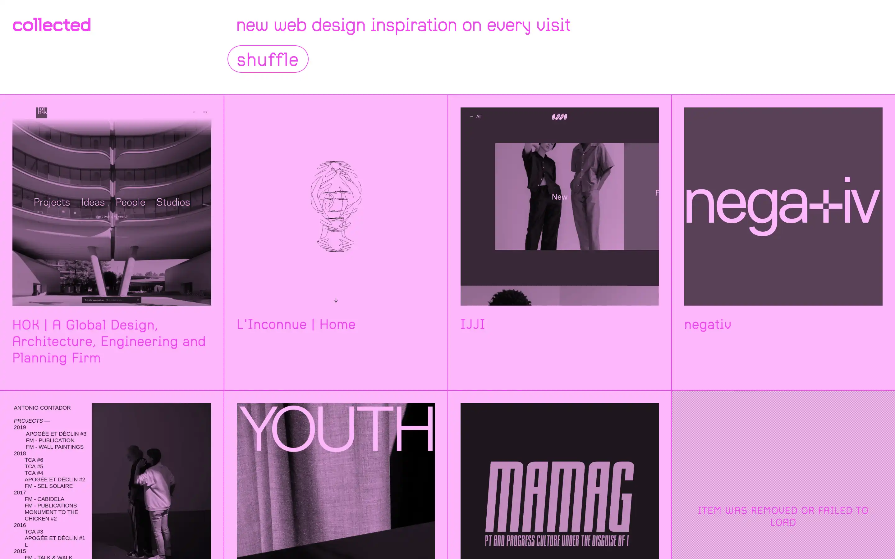Web design inspiration gallery with various project previews.