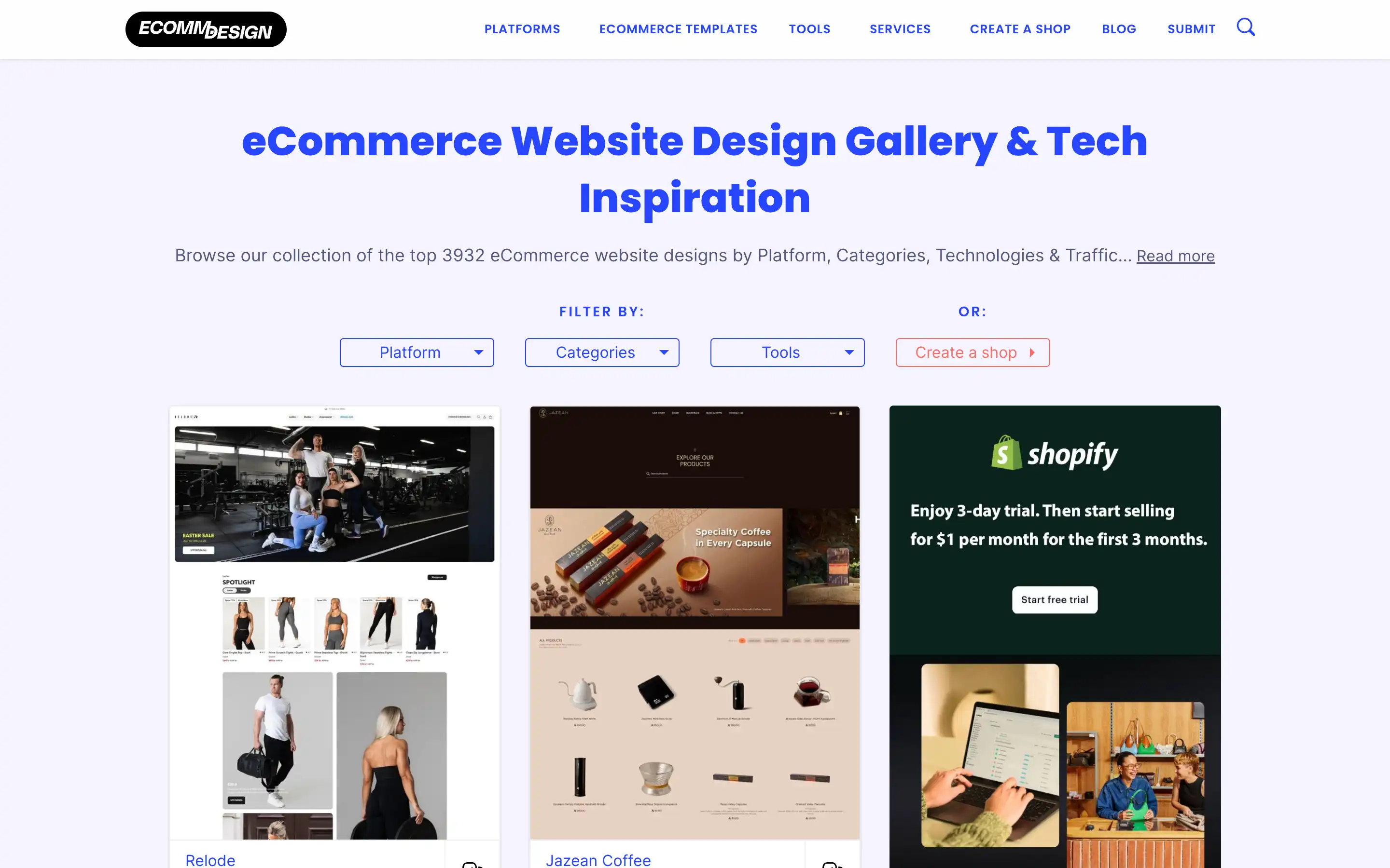 eCommerce design gallery and tech inspiration landing page.