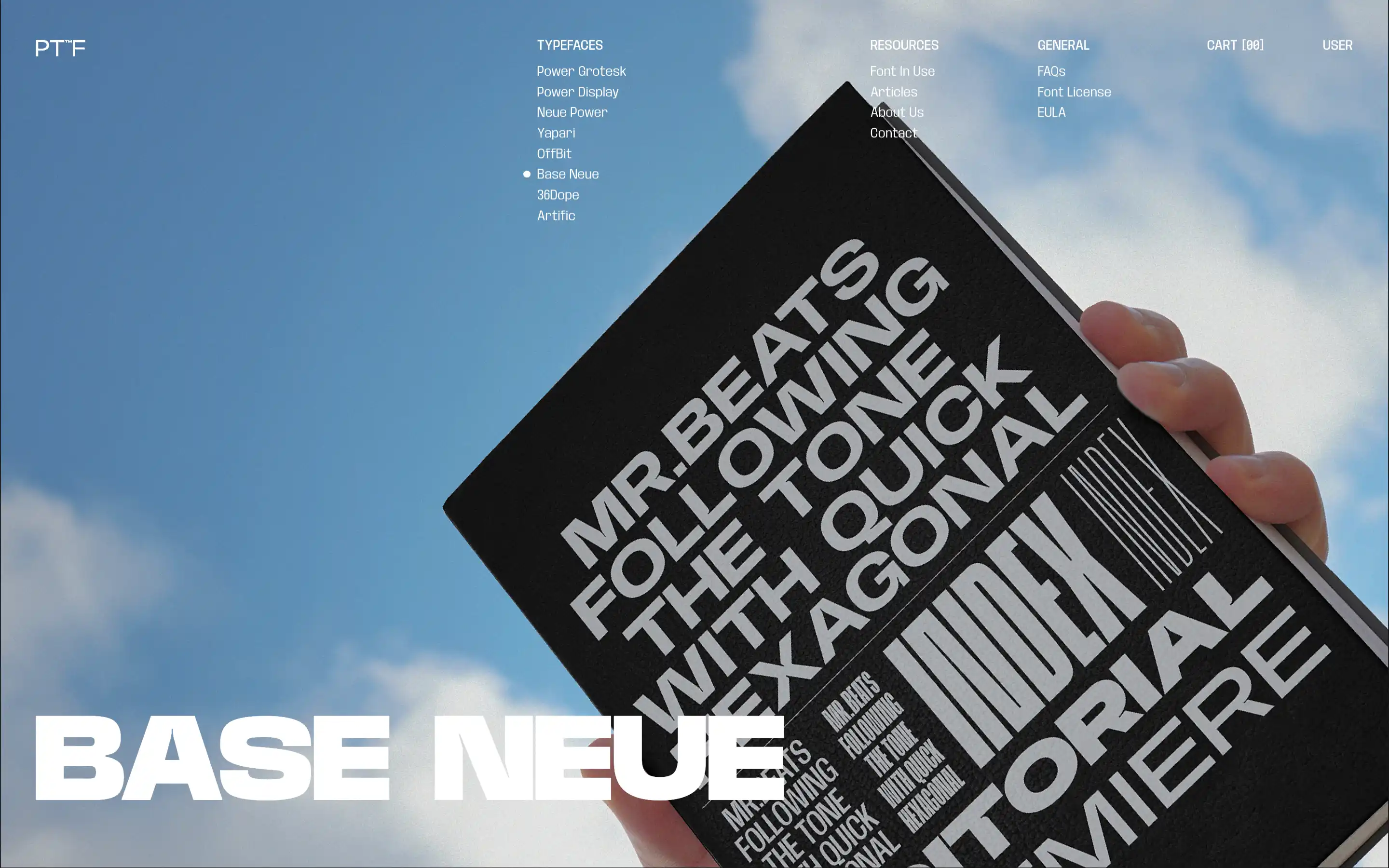 Hand holding typography book against blue sky.