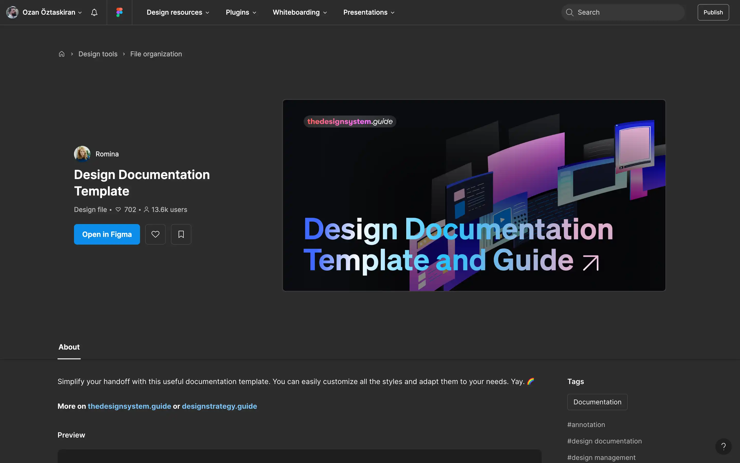 Design documentation template and guide interface screenshot.