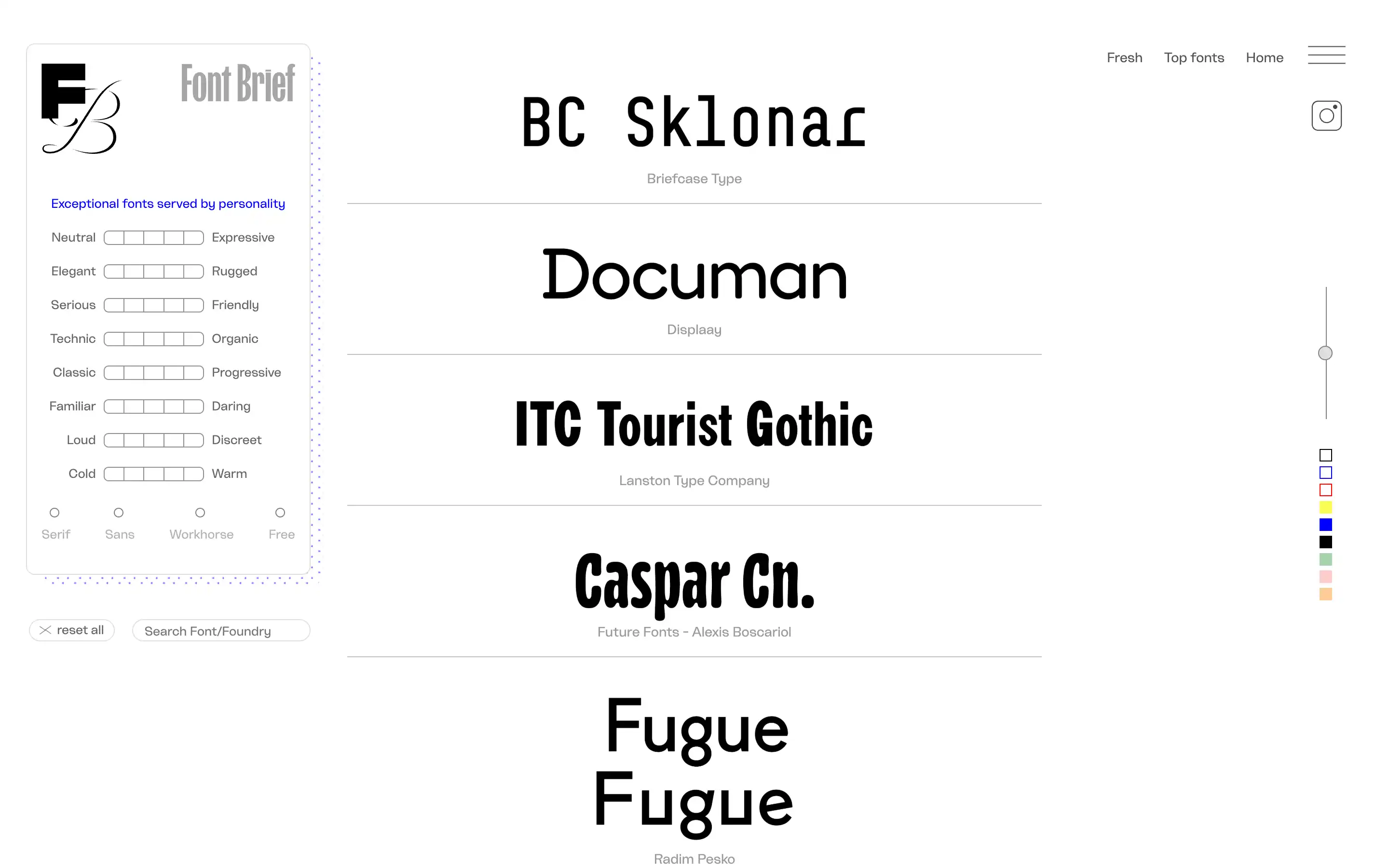 Font Brief interface showcasing different fonts selection.