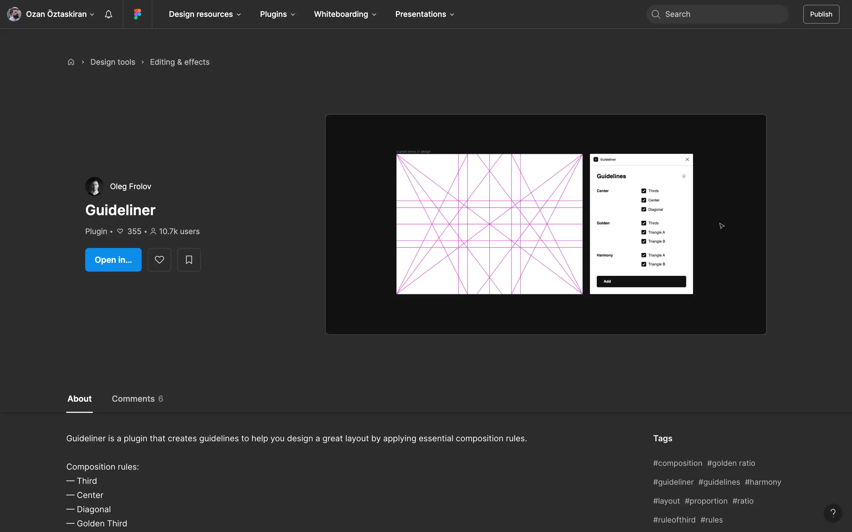 Guideliner plugin interface showing design guidelines.
