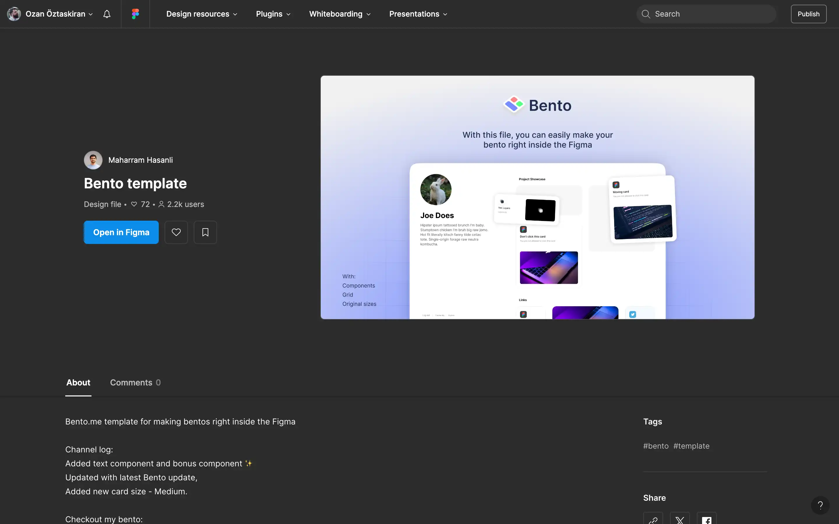 Bento template preview in Figma for design projects.