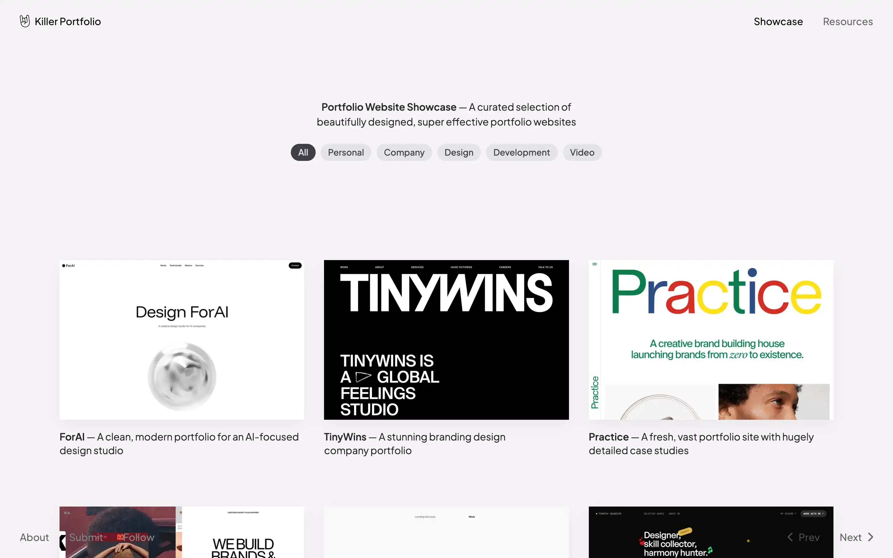 Portfolio website showcase with design categories displayed