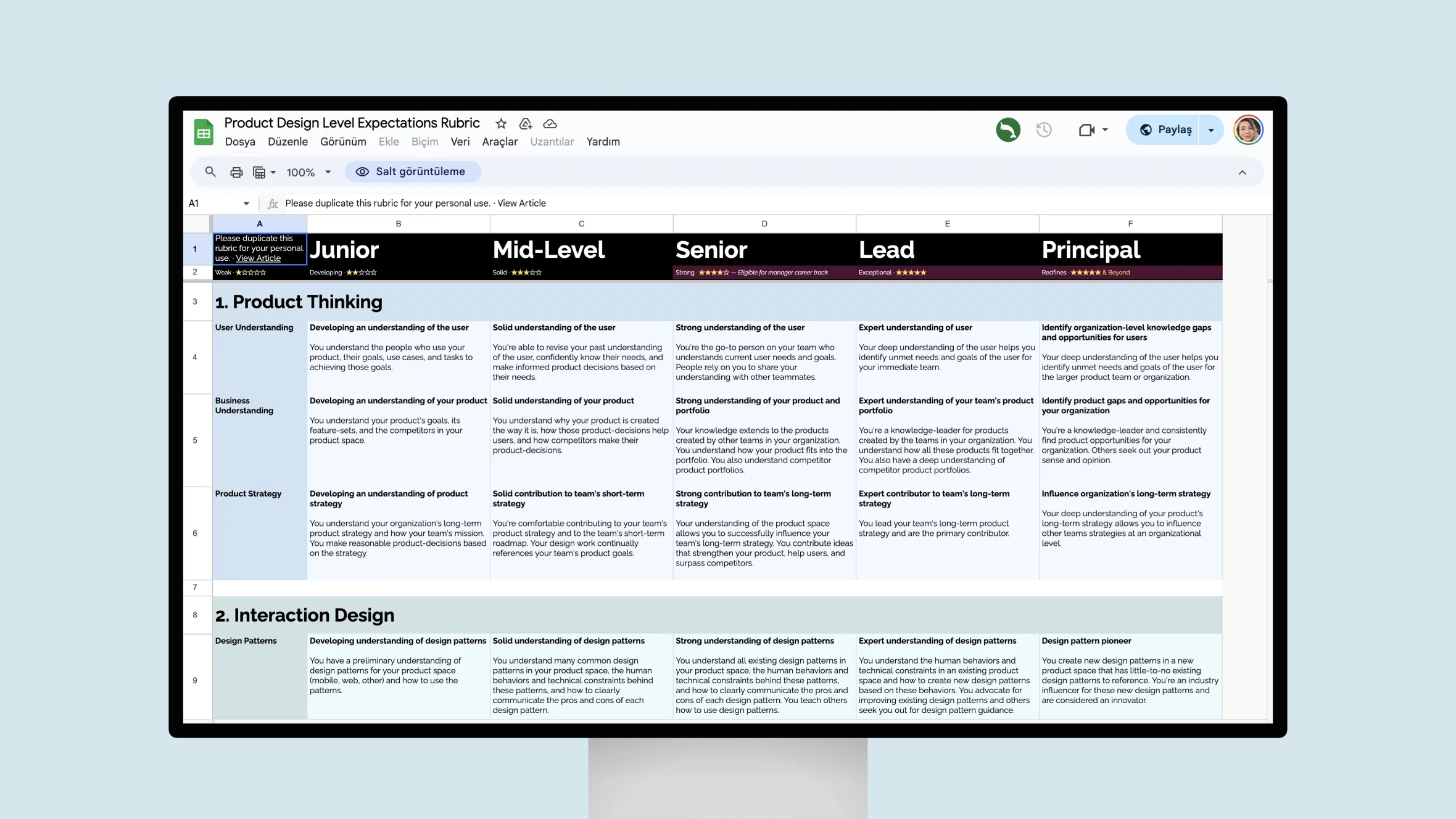 product design level expectations rubric