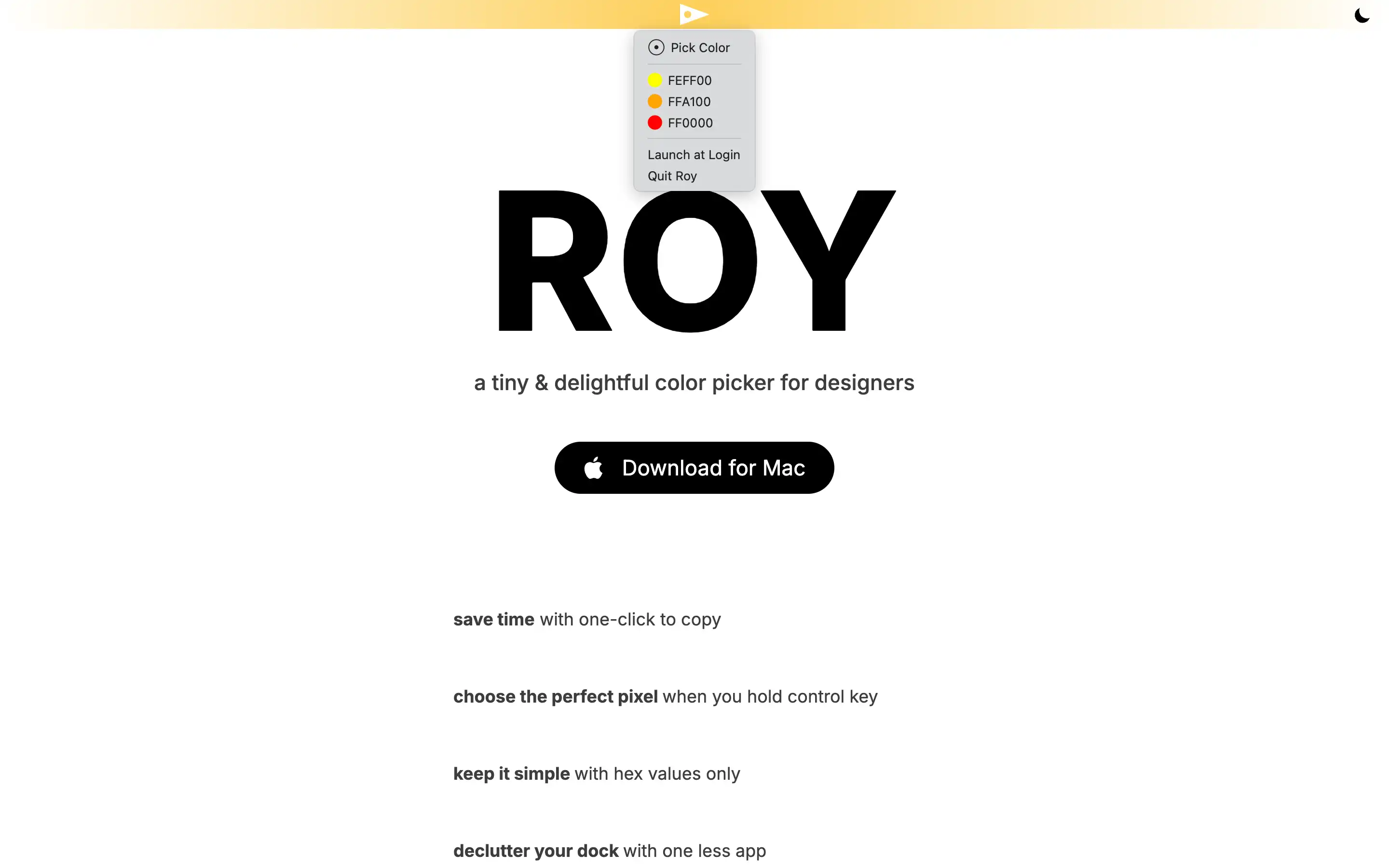 ROY color picker app download page for designers.