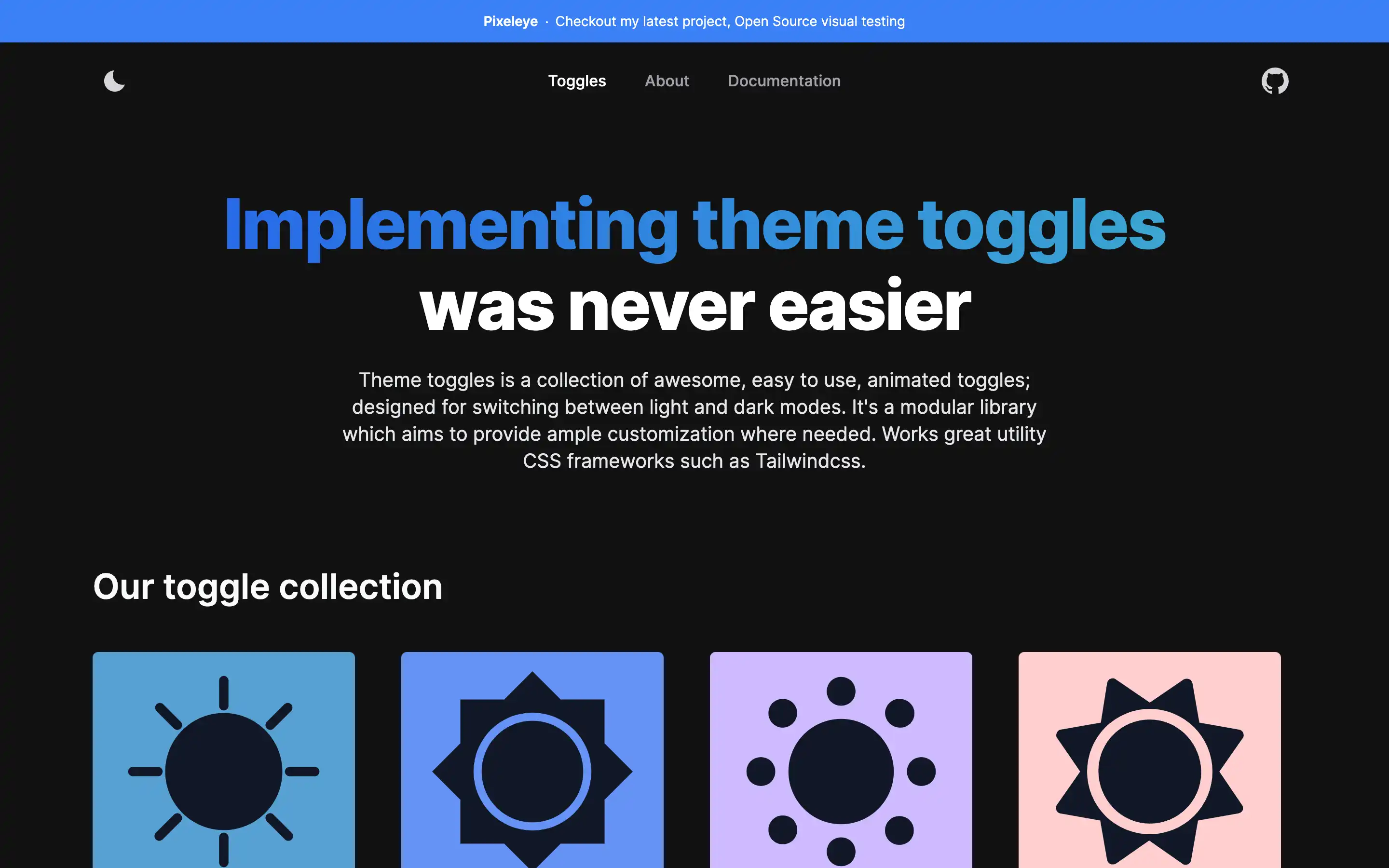 Theme toggles for light and dark mode switching.