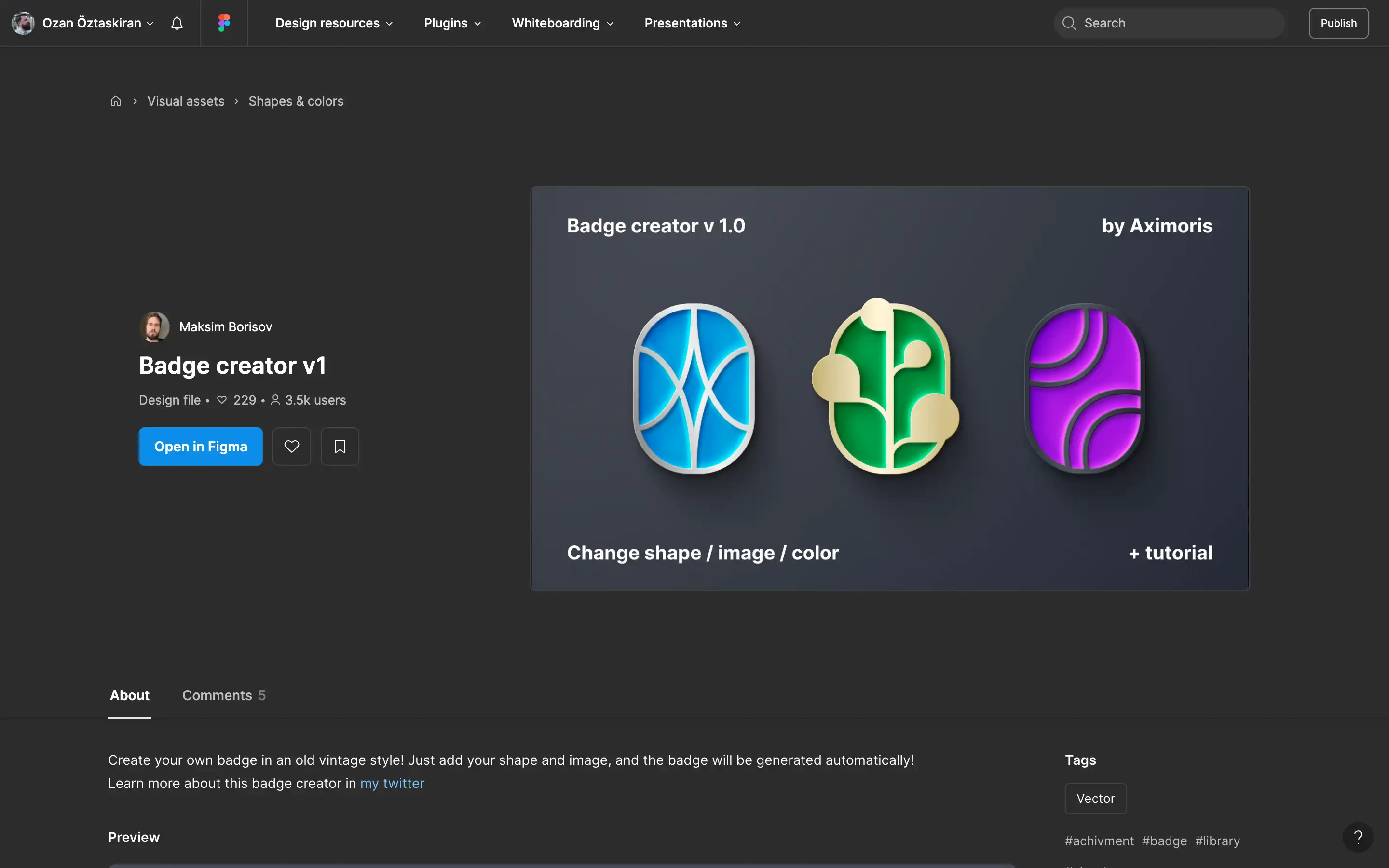 Figma badge creator interface with colorful badge designs.
