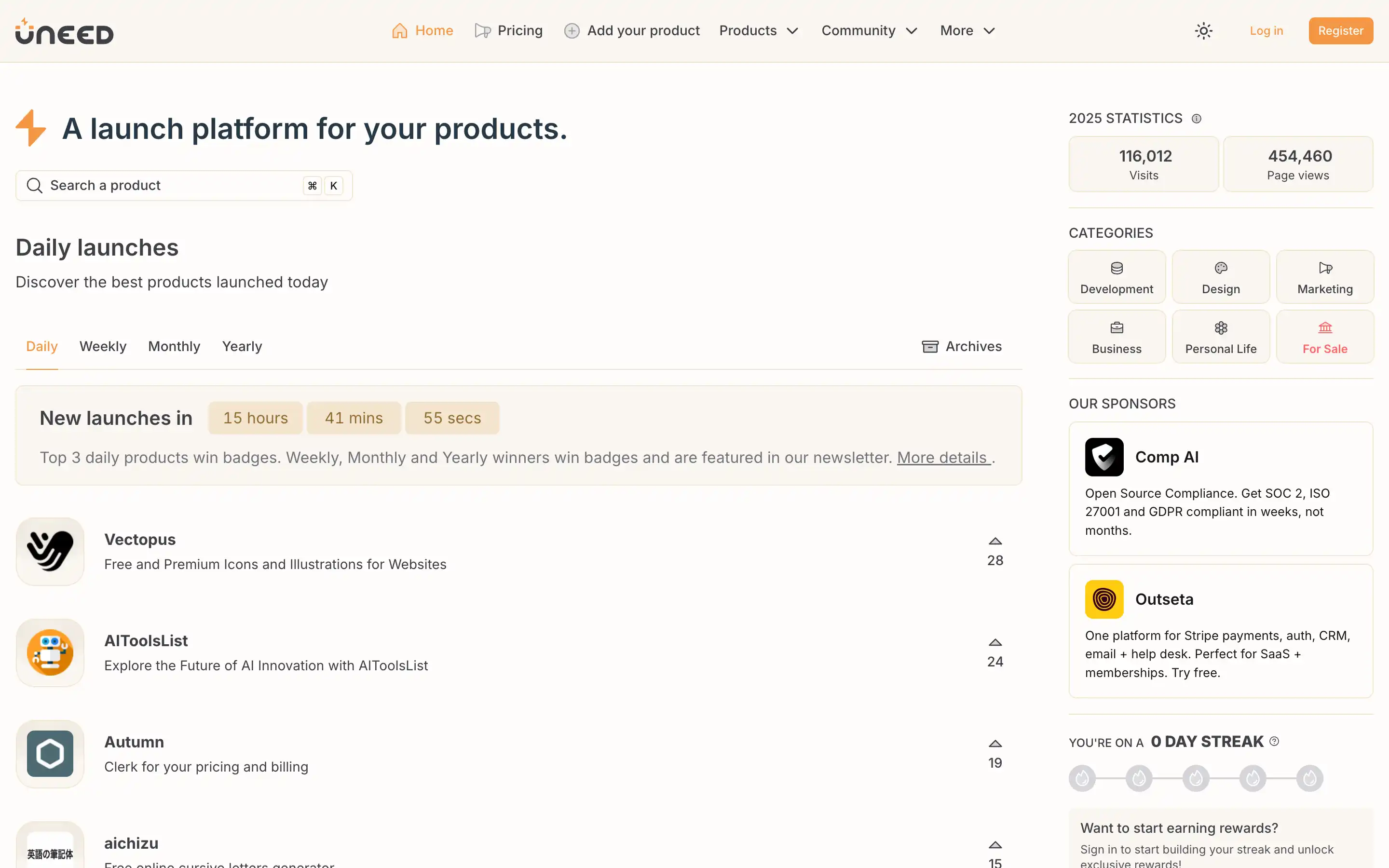 Product launch platform homepage with daily launches list.