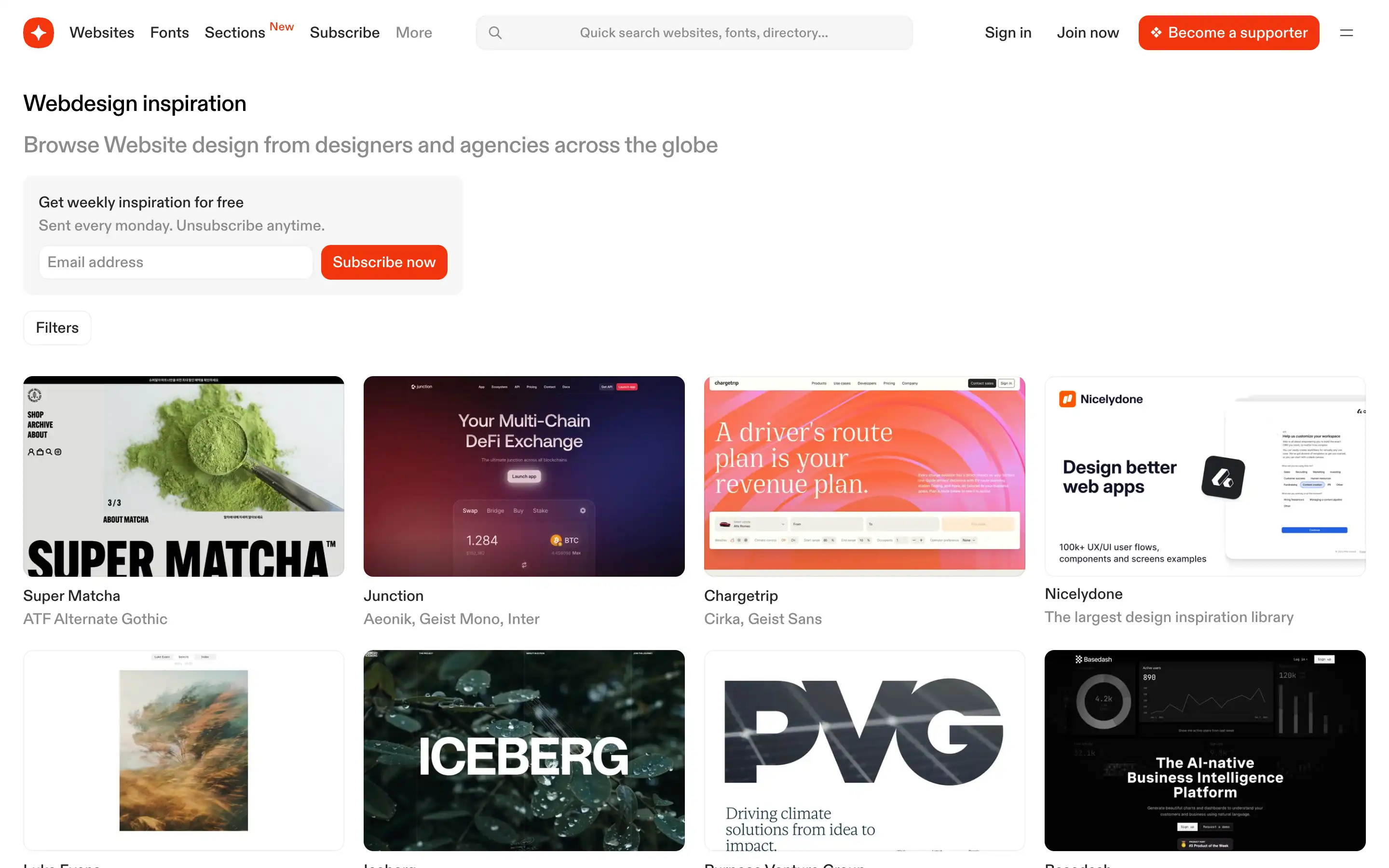Website design inspiration from designers globally displayed.