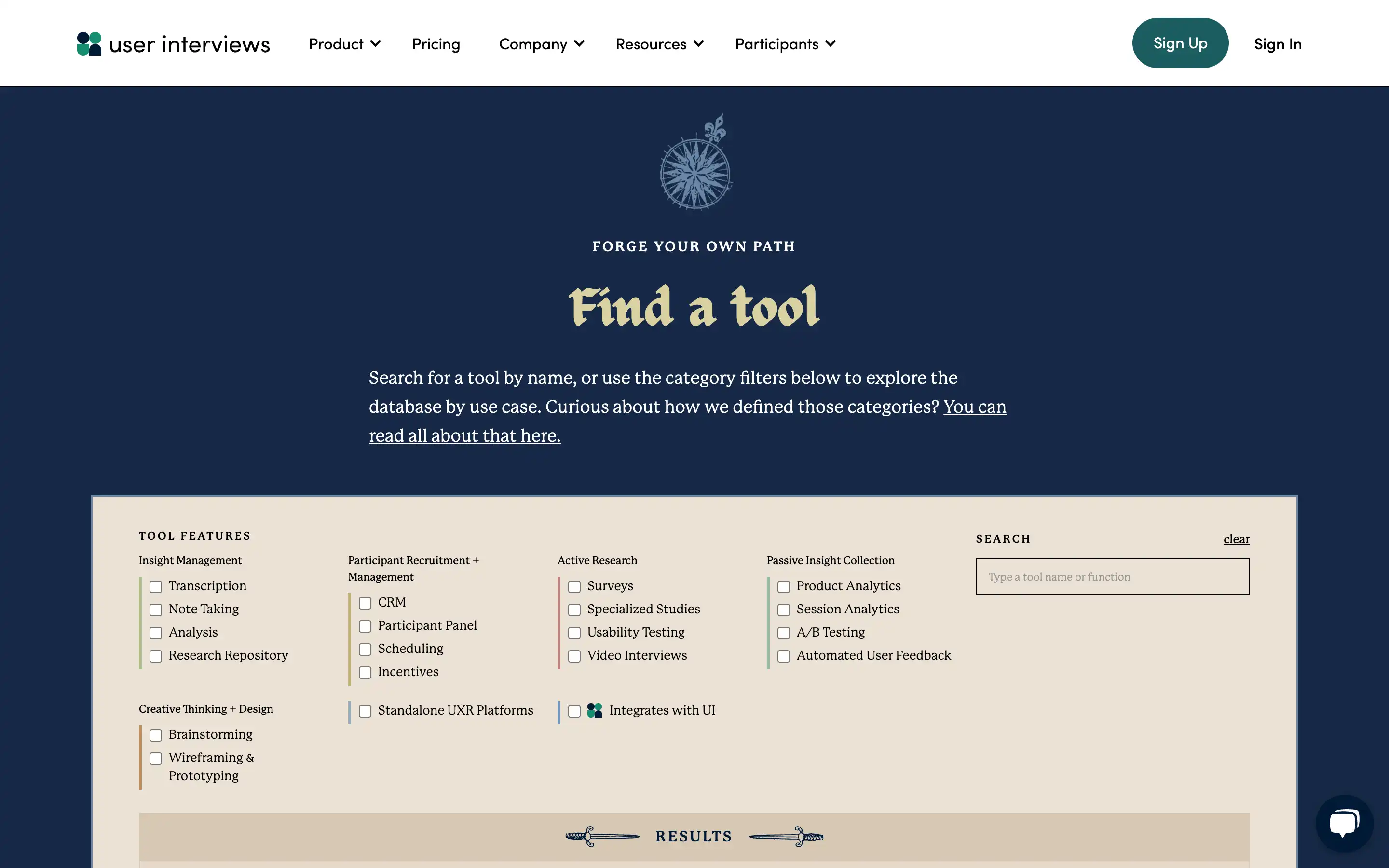 Tool search interface with filters and categories.