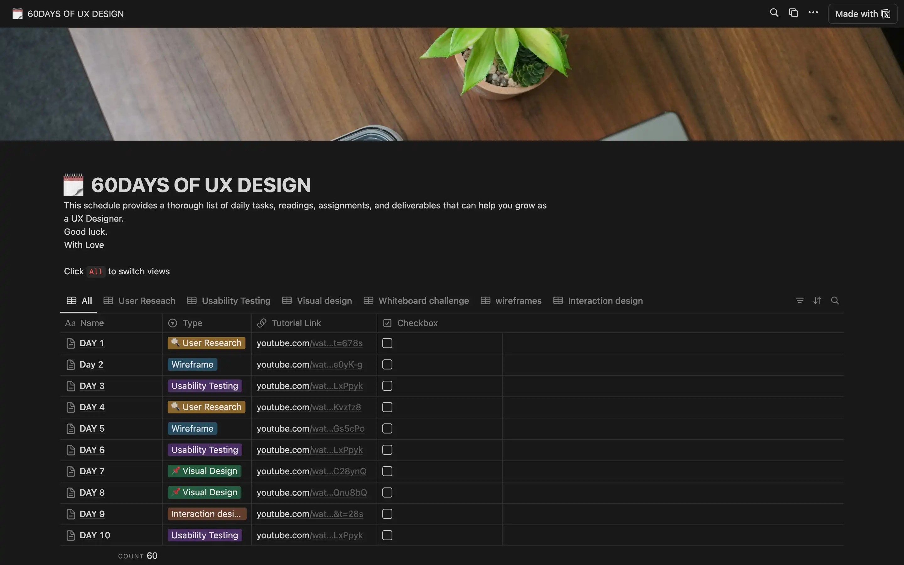 60-day UX design learning schedule overview and tasks.