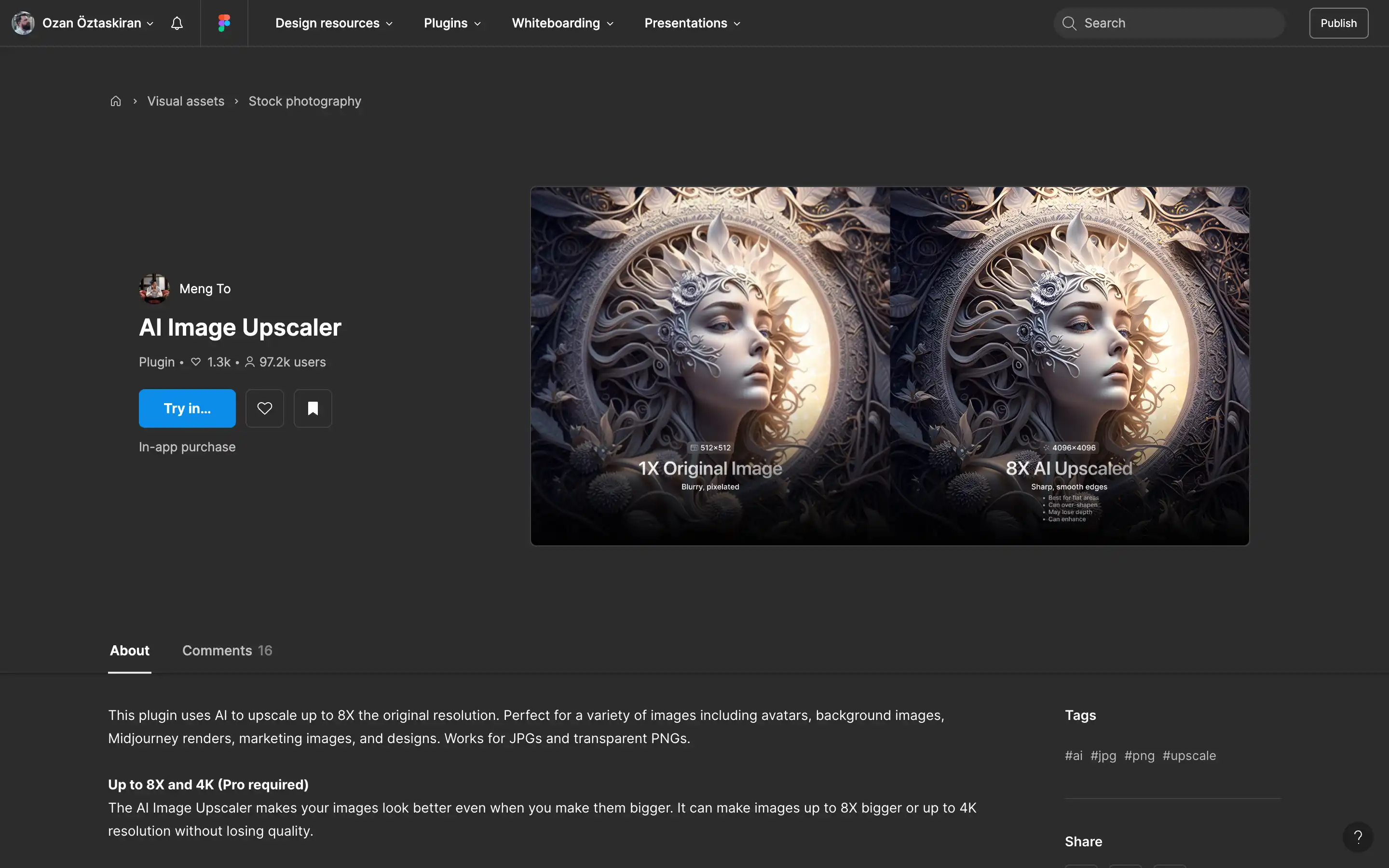 AI Image Upscaler interface with artwork example.