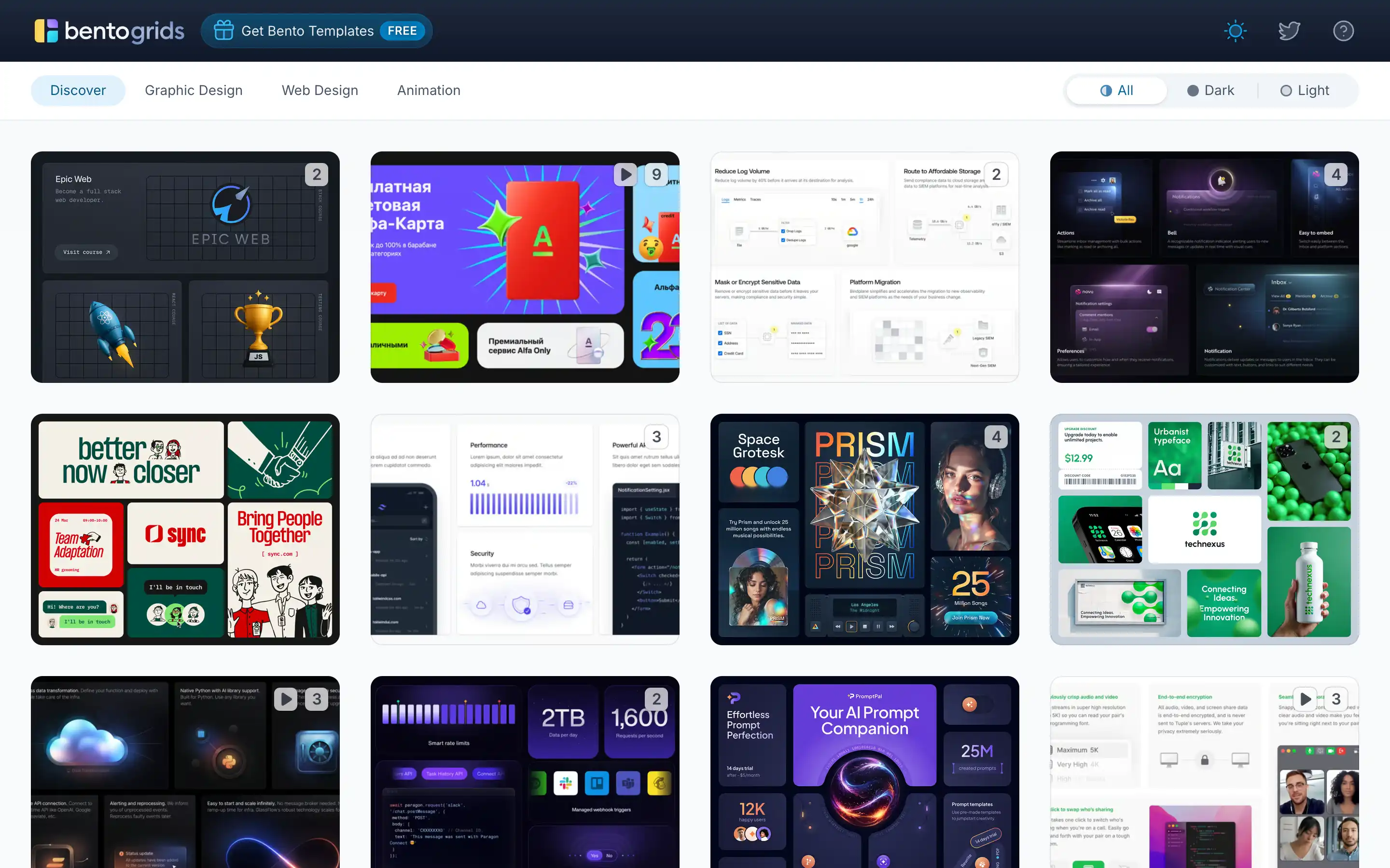 Website design templates gallery on Bentogrids platform.
