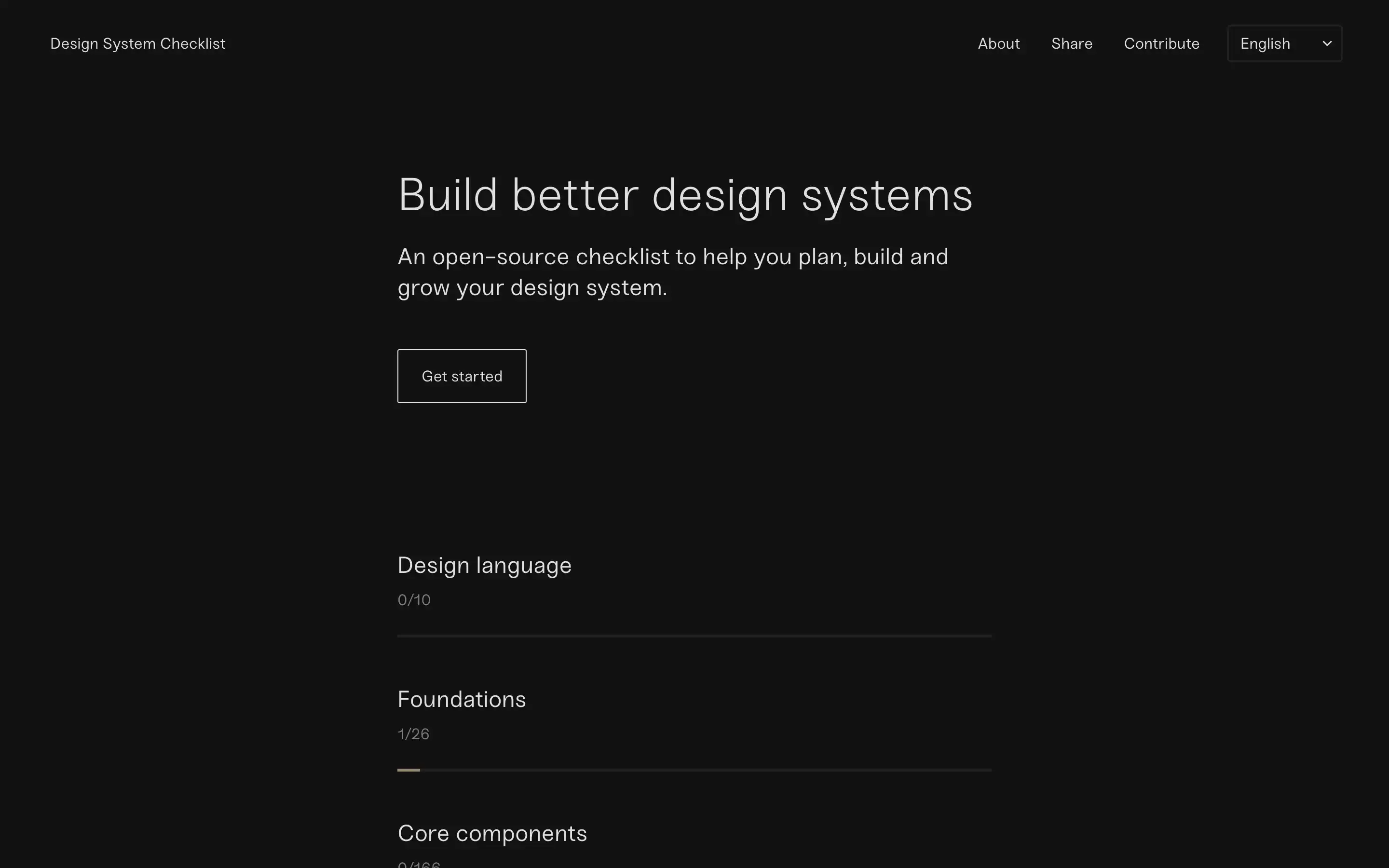 Open-source design system checklist with progress tracker.