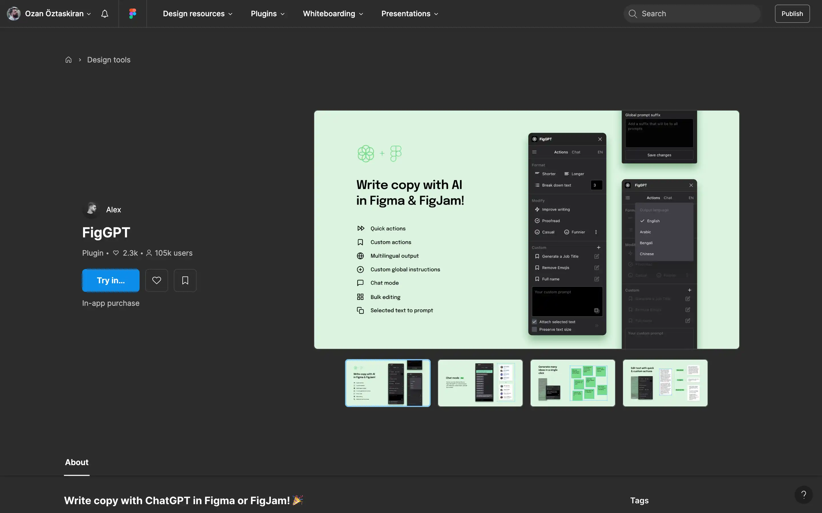 FigGPT plugin for AI writing in Figma.