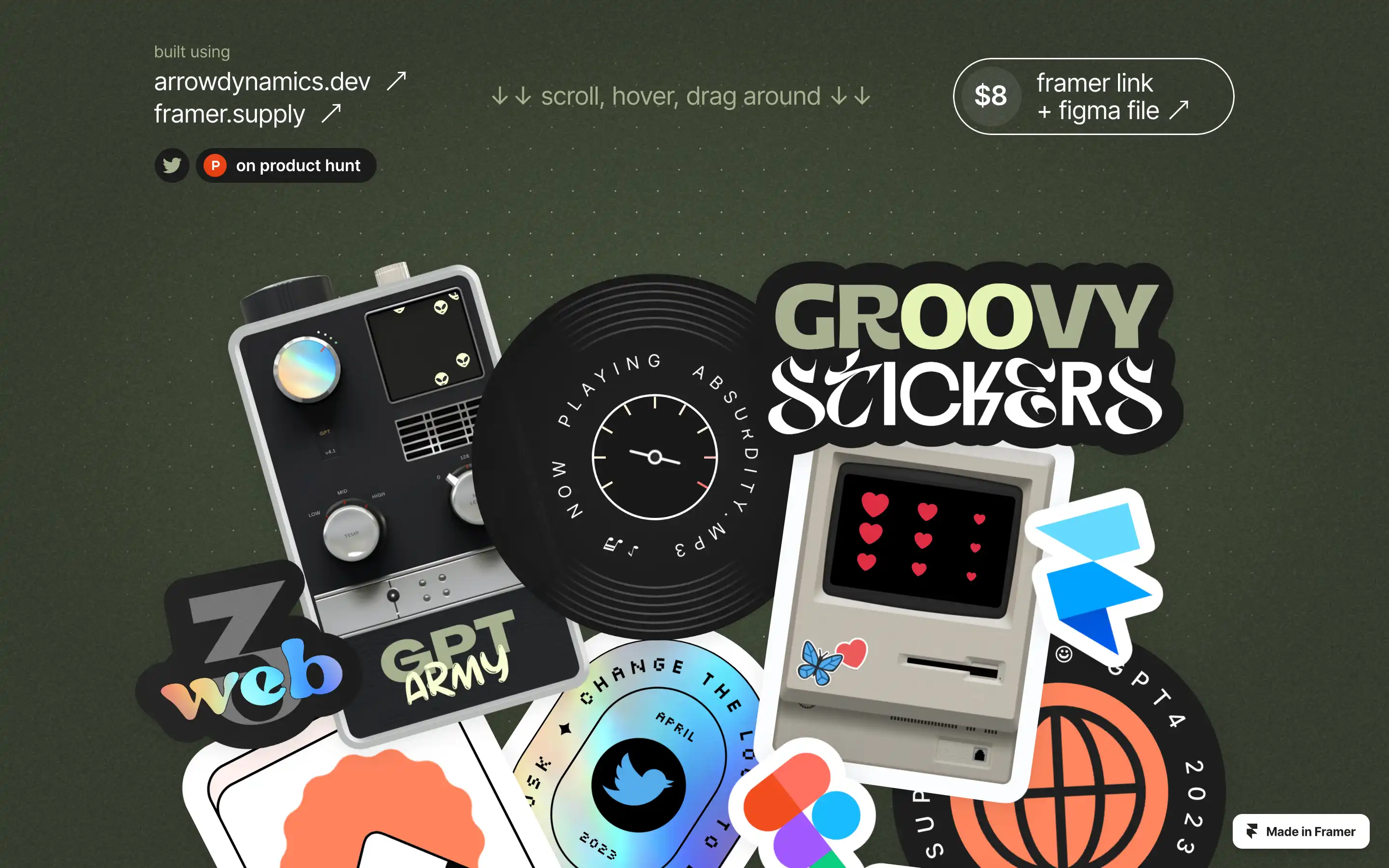 Groovy stickers, retro gadgets, Framer Design tools.