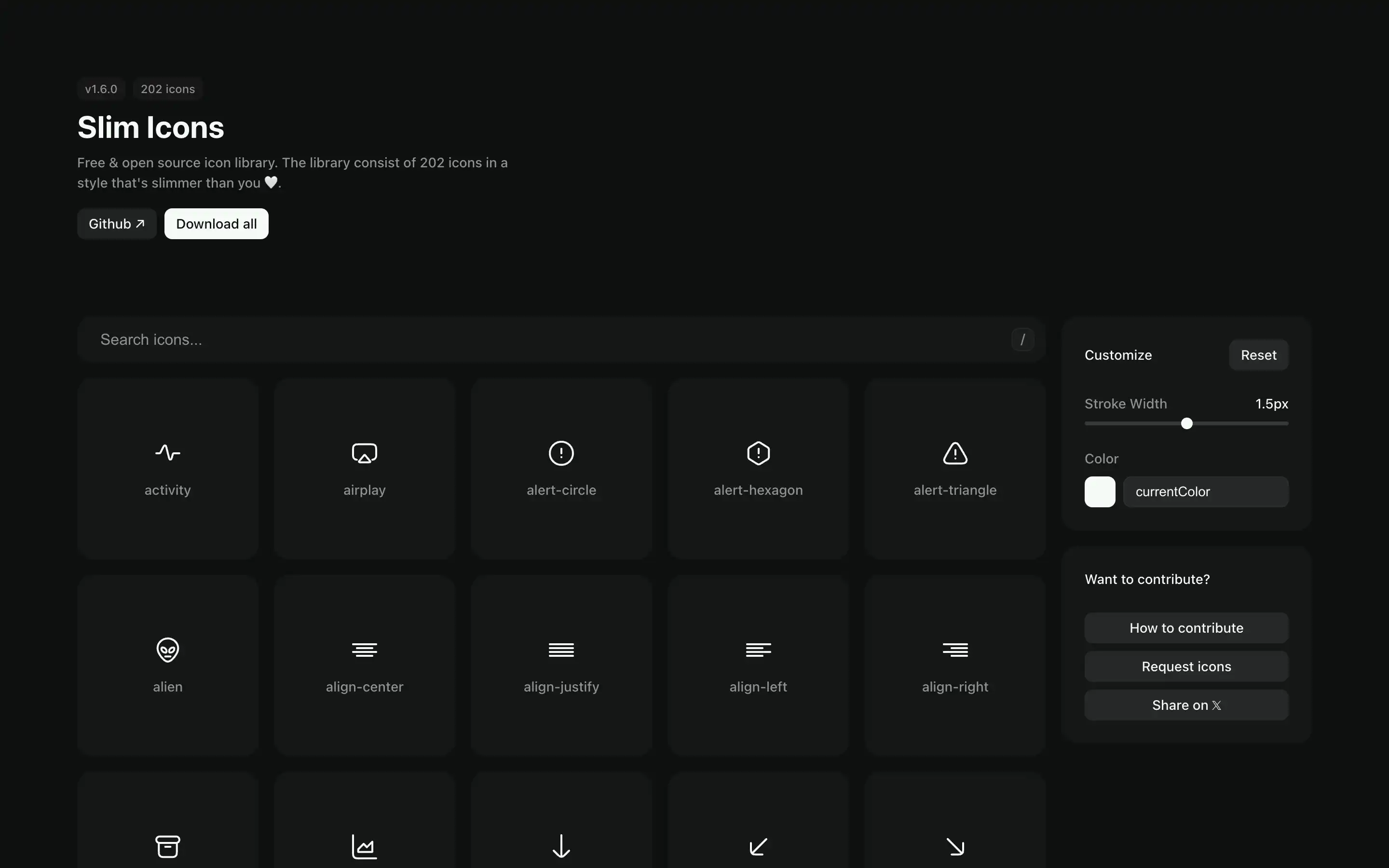 Slim Icons library interface with search and options.