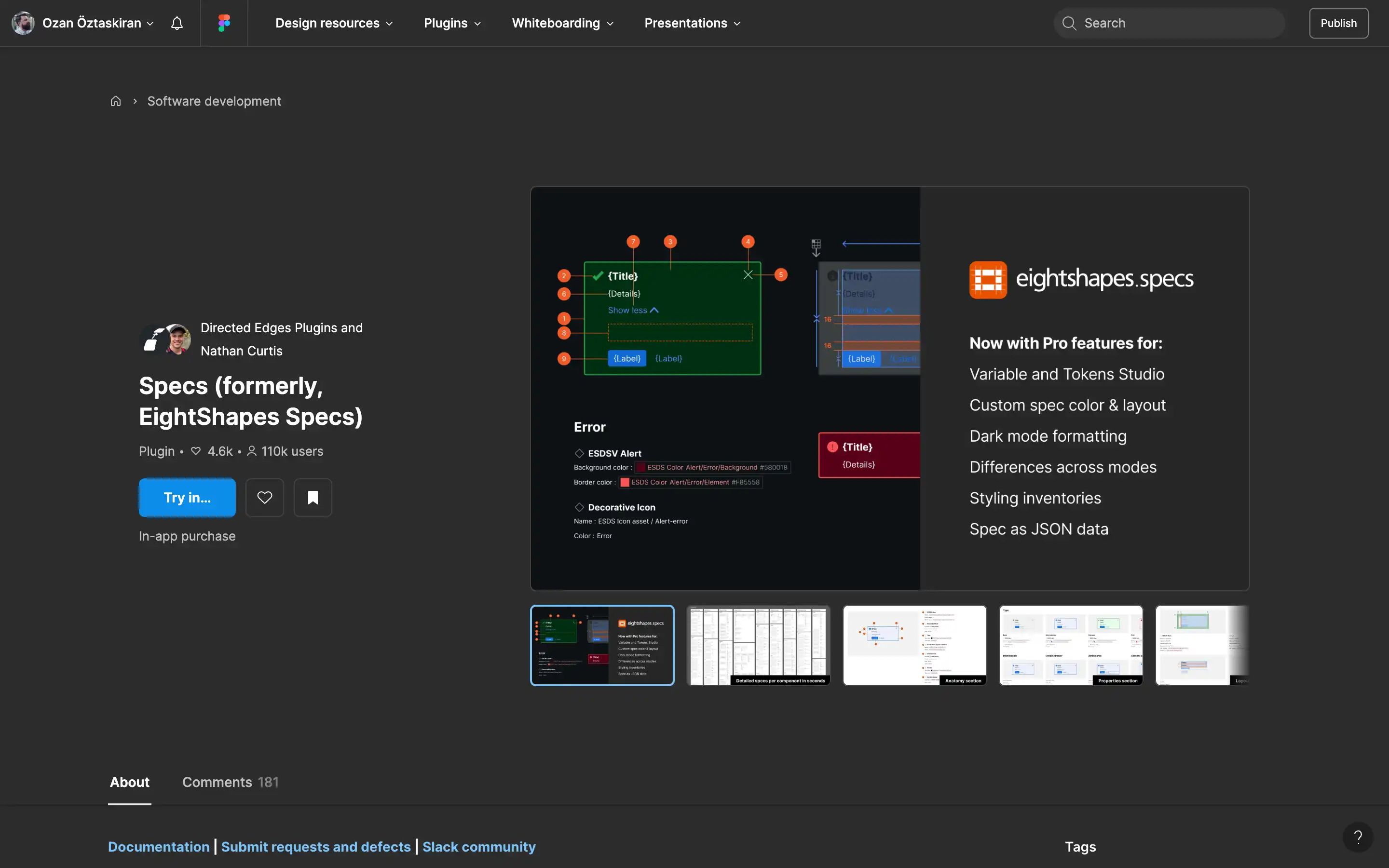 Figma plugin page for Specs, design tool features.