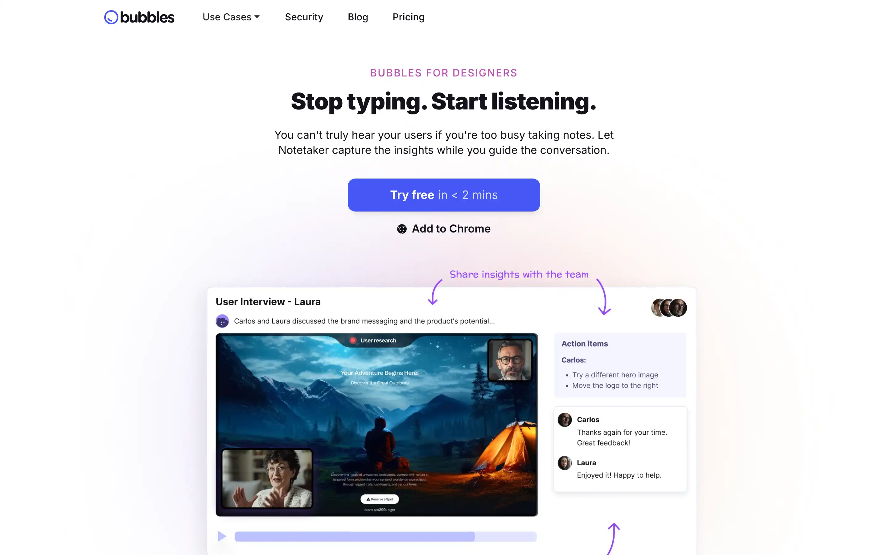 Bubbles app for designer interviews and insights sharing.