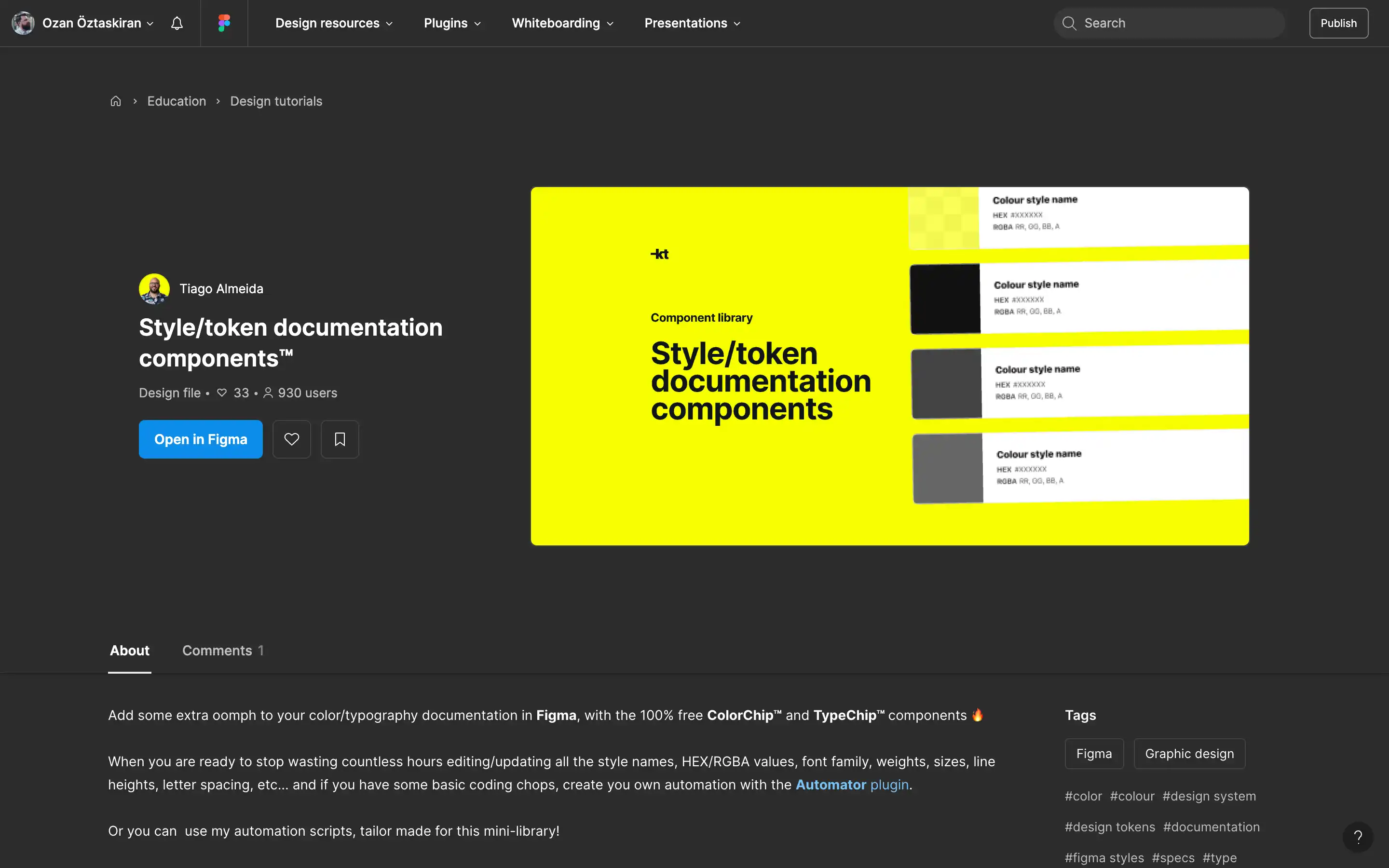 Figma design file showcasing style token components.